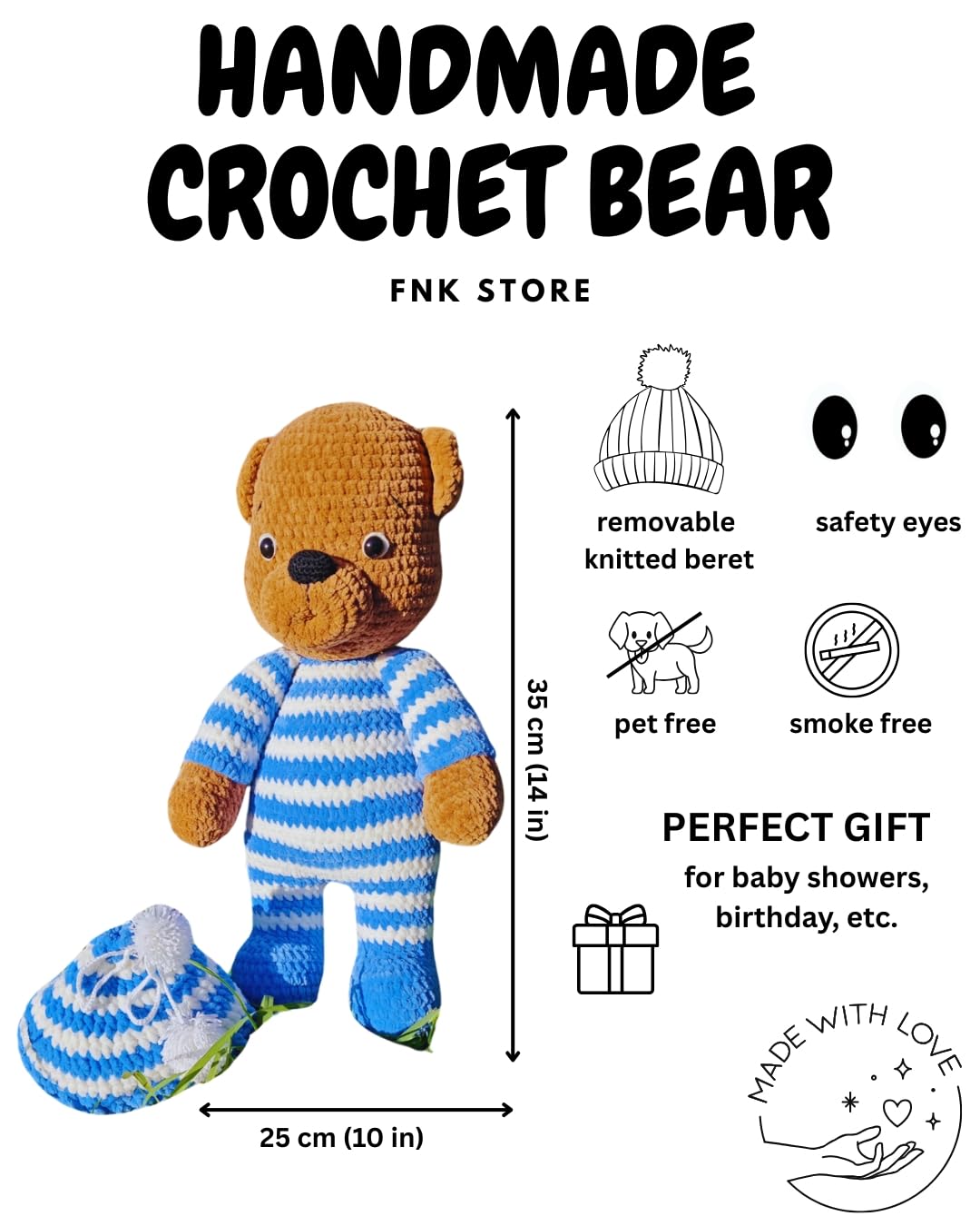 Handmade Crochet Blue Teddy Bear with Removable Hat