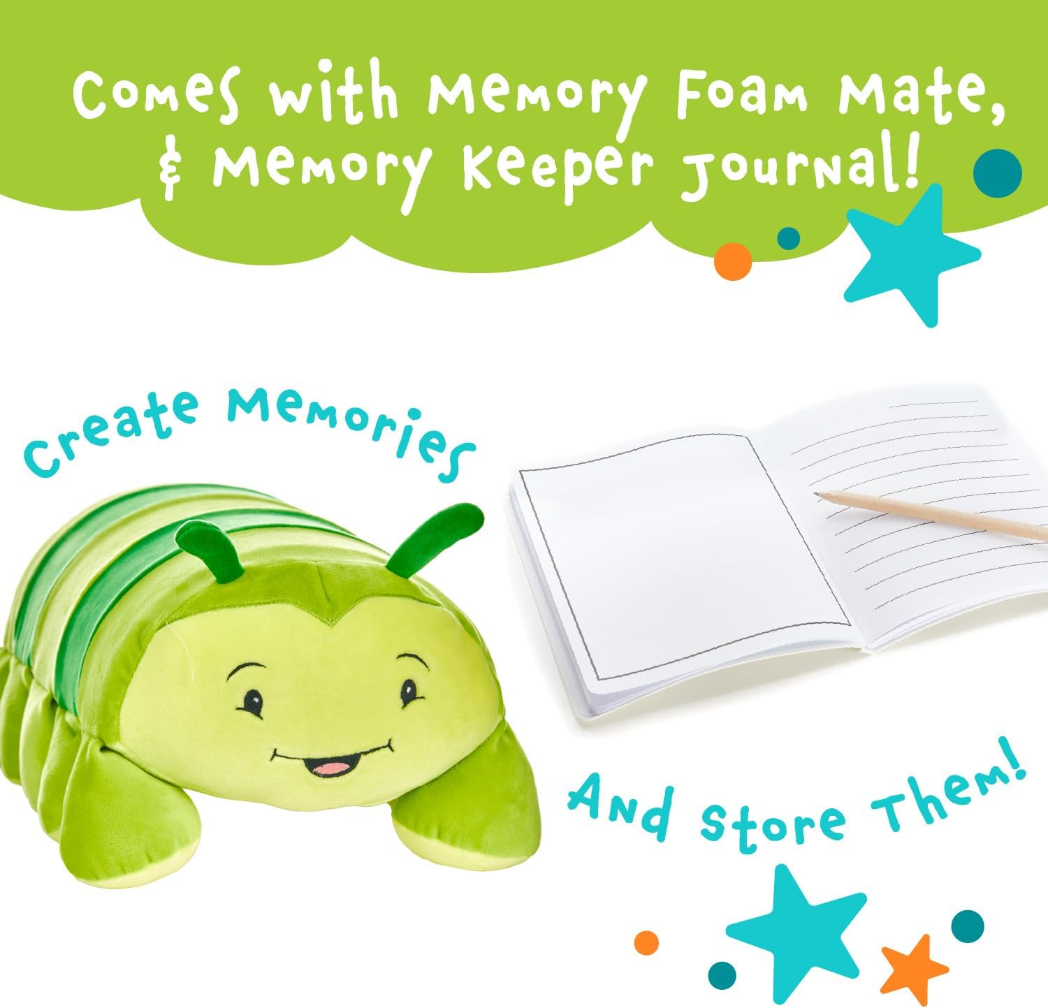 Cuddly Memory Foam Pillow Plush with Journal Pocket - Charlie The Caterpillar