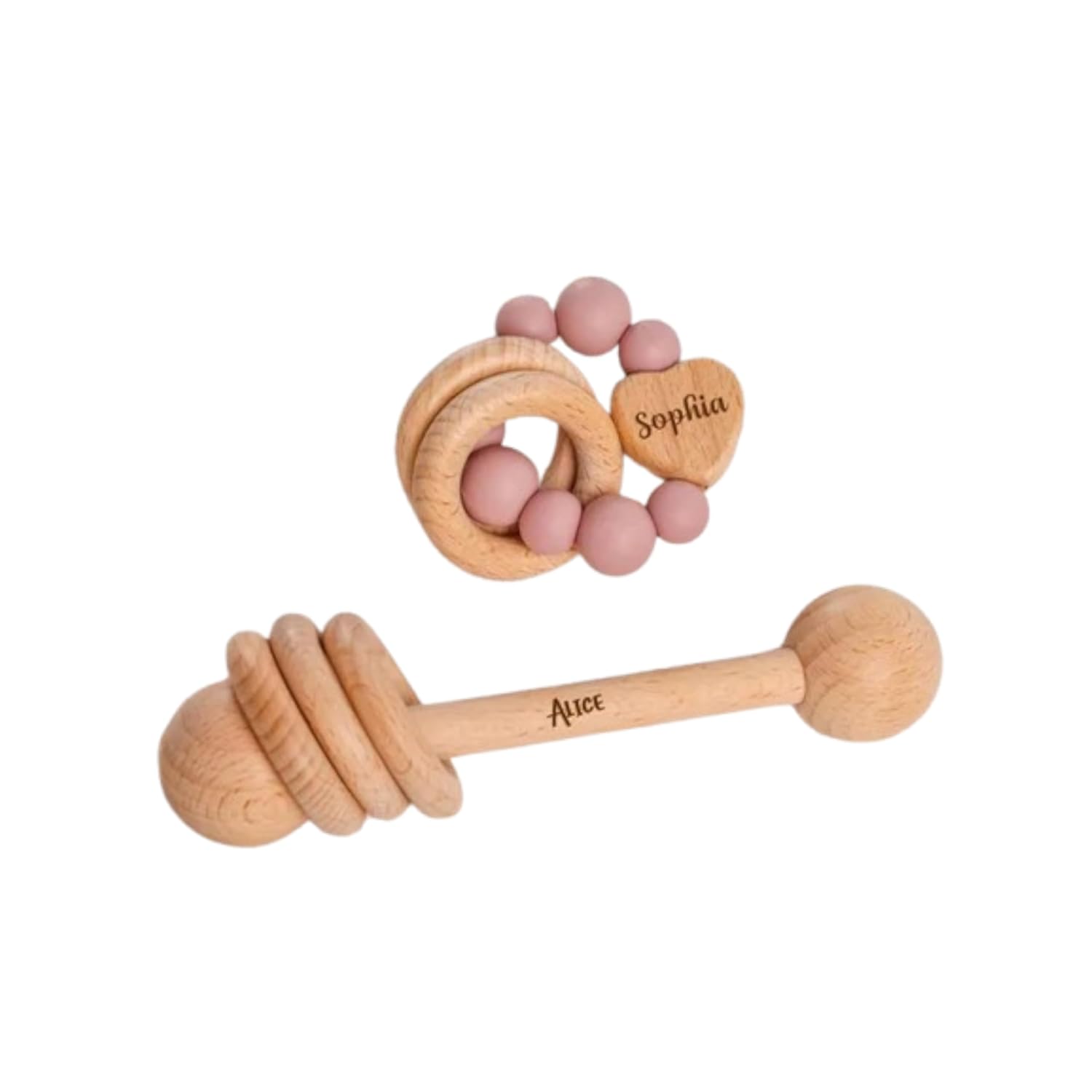 Personalized Wooden Rattle with Silicone Bracelet Set