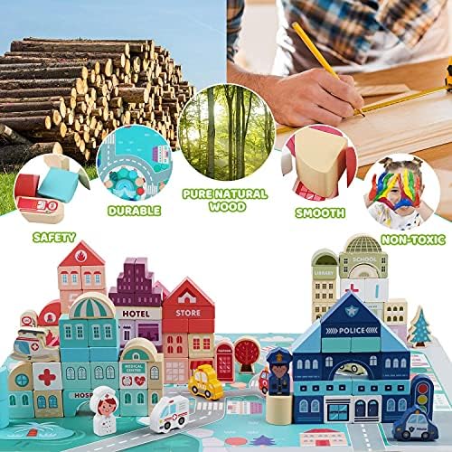 LENNYSTONE Wooden Blocks Set 120pcs City Construction Toy