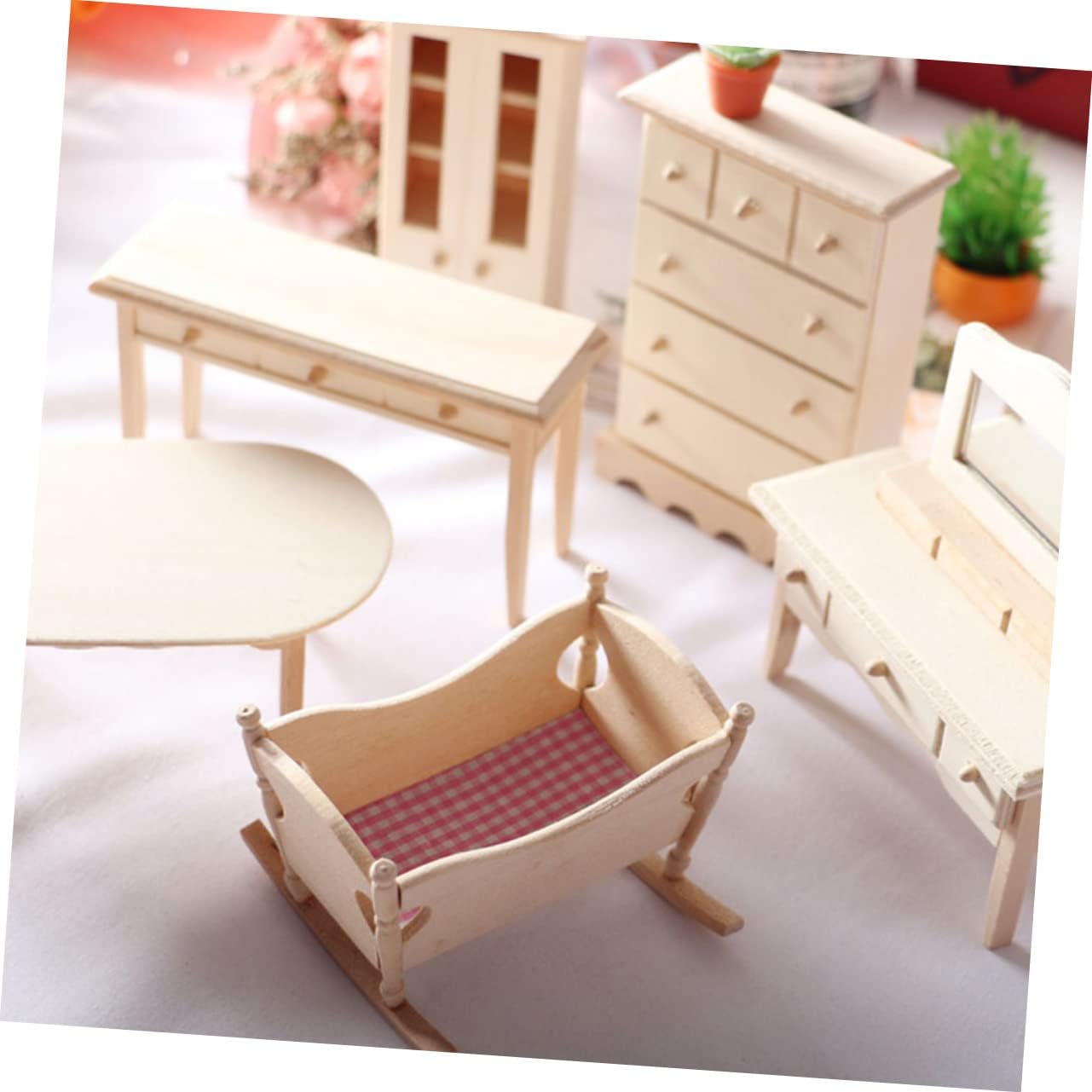 Mini Wooden Cradle Model for Dollhouse Decor