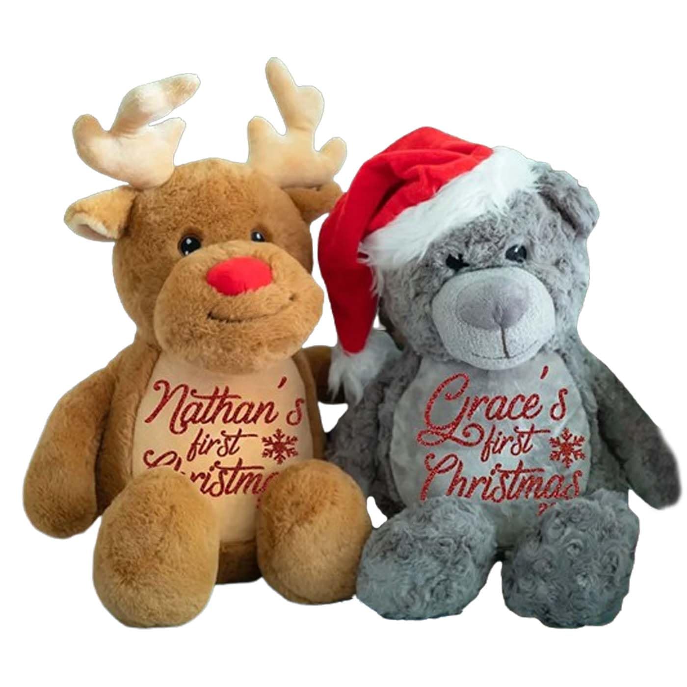 Personalized Baby Christmas Teddy Bear with Santa Hat and Reindeer Plush Toy