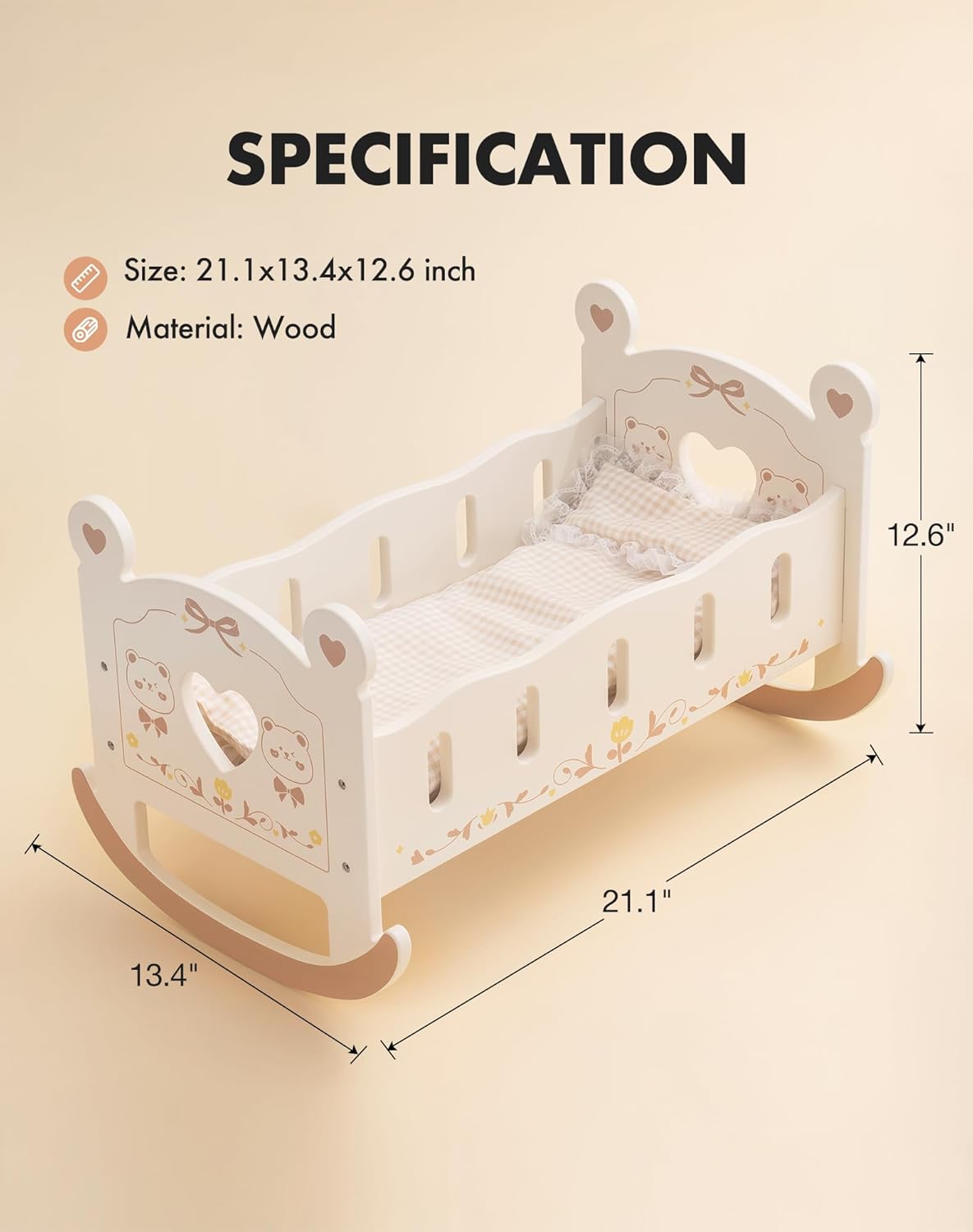 ROBOTIME Bear Doll Crib with Bedding 1