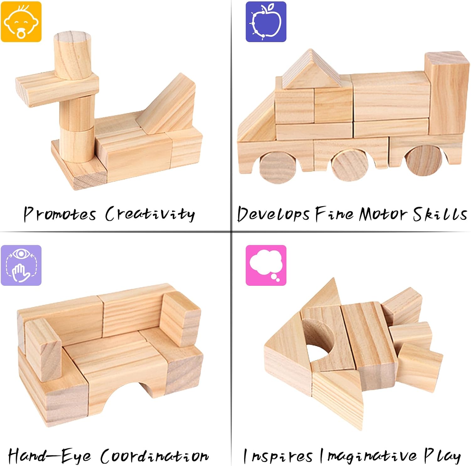 AryiHitt 100 Pcs Kids Natural Wood Building Blocks
