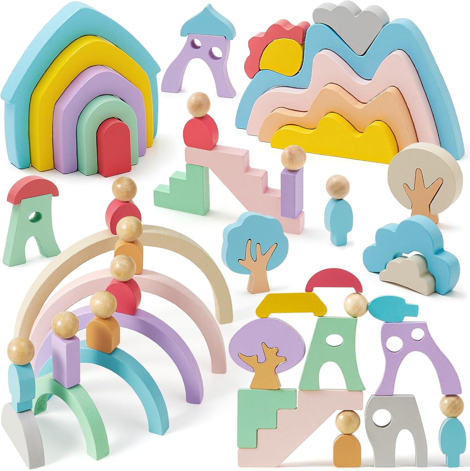 Lewo Wooden Stacking Blocks for Toddlers 46 Pcs