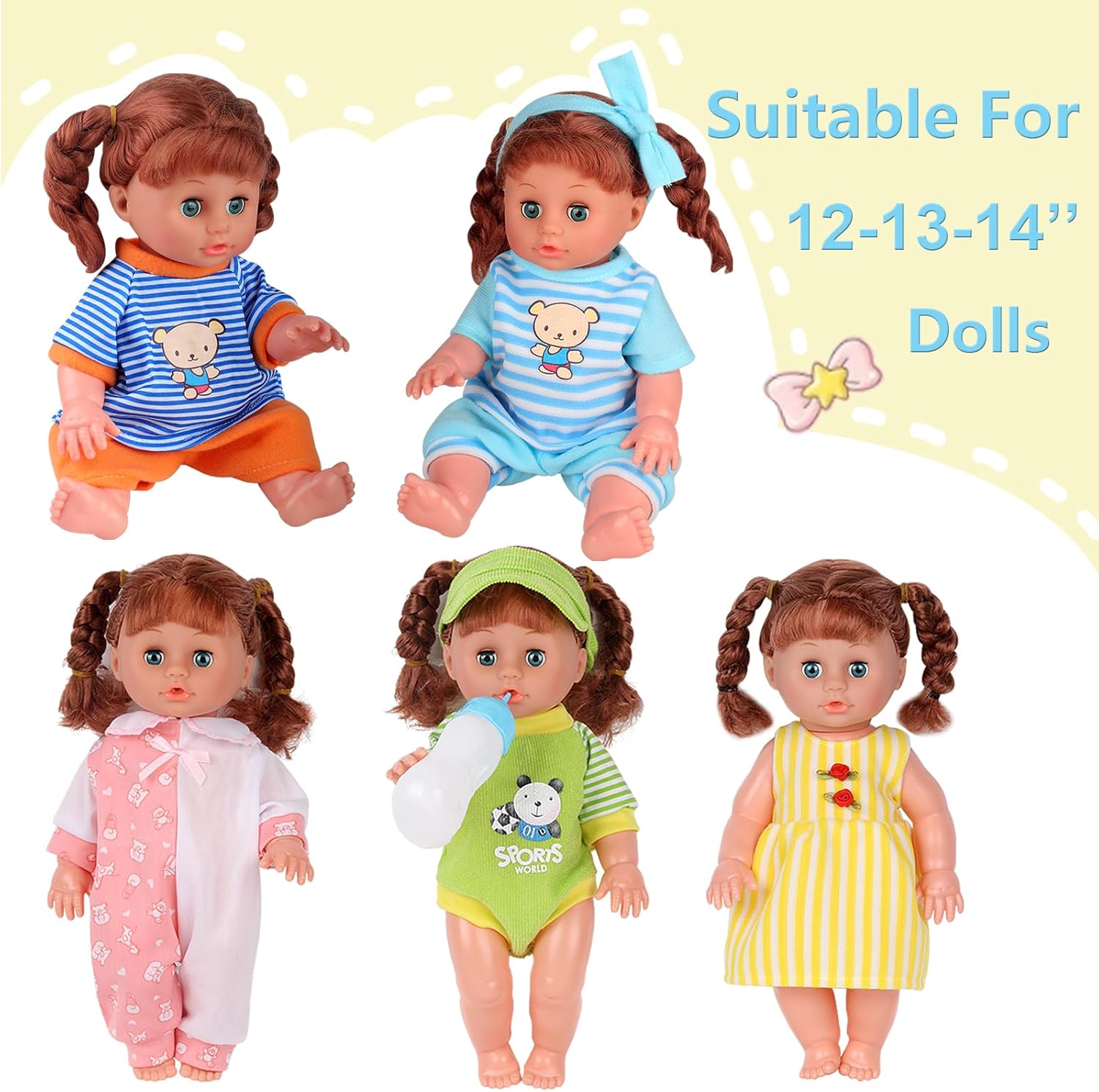 Young Buds 5 Piece Baby Doll Clothing Set with Feeding Bottle