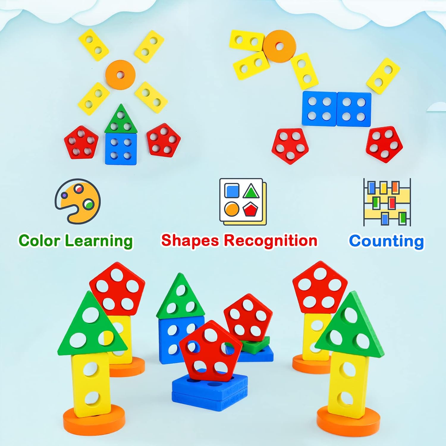 PEBIRA Montessori Wooden Sorting Stacking Toy Set