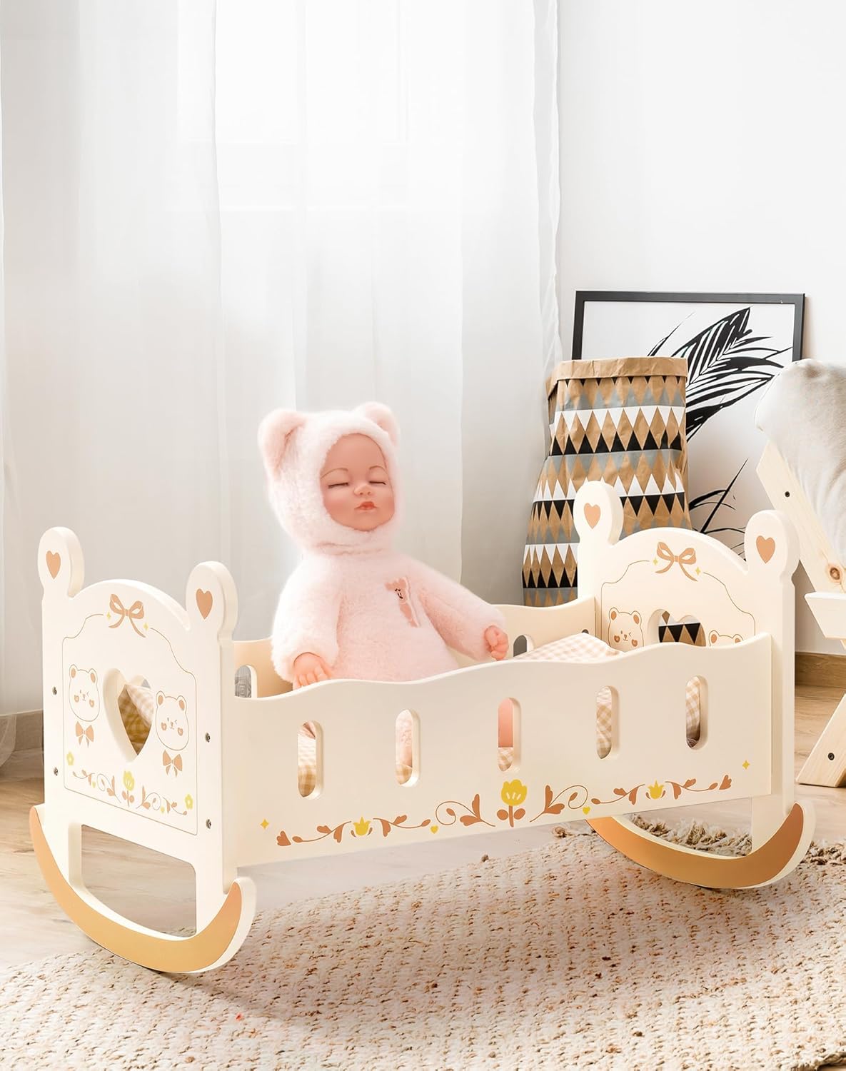 ROBOTIME Bear Doll Crib with Bedding 1