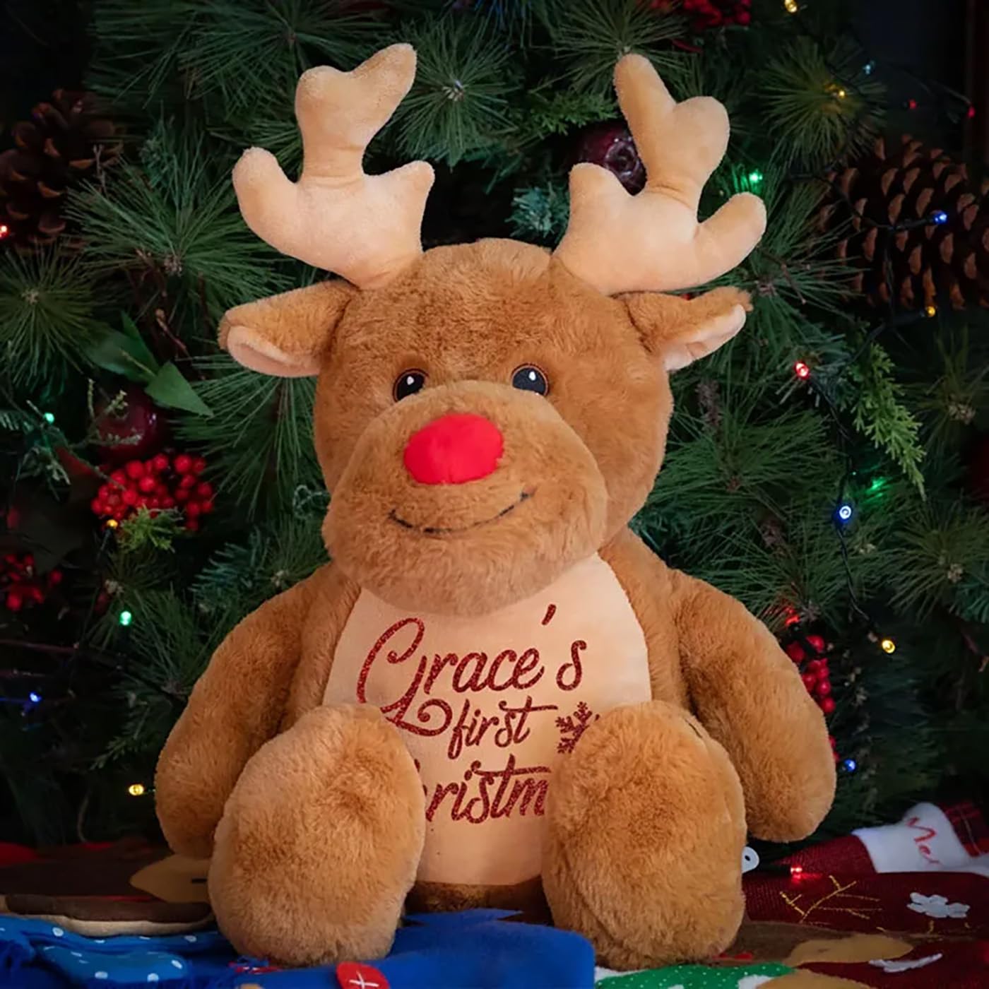 Personalized Baby Christmas Teddy Bear with Santa Hat and Reindeer Plush Toy