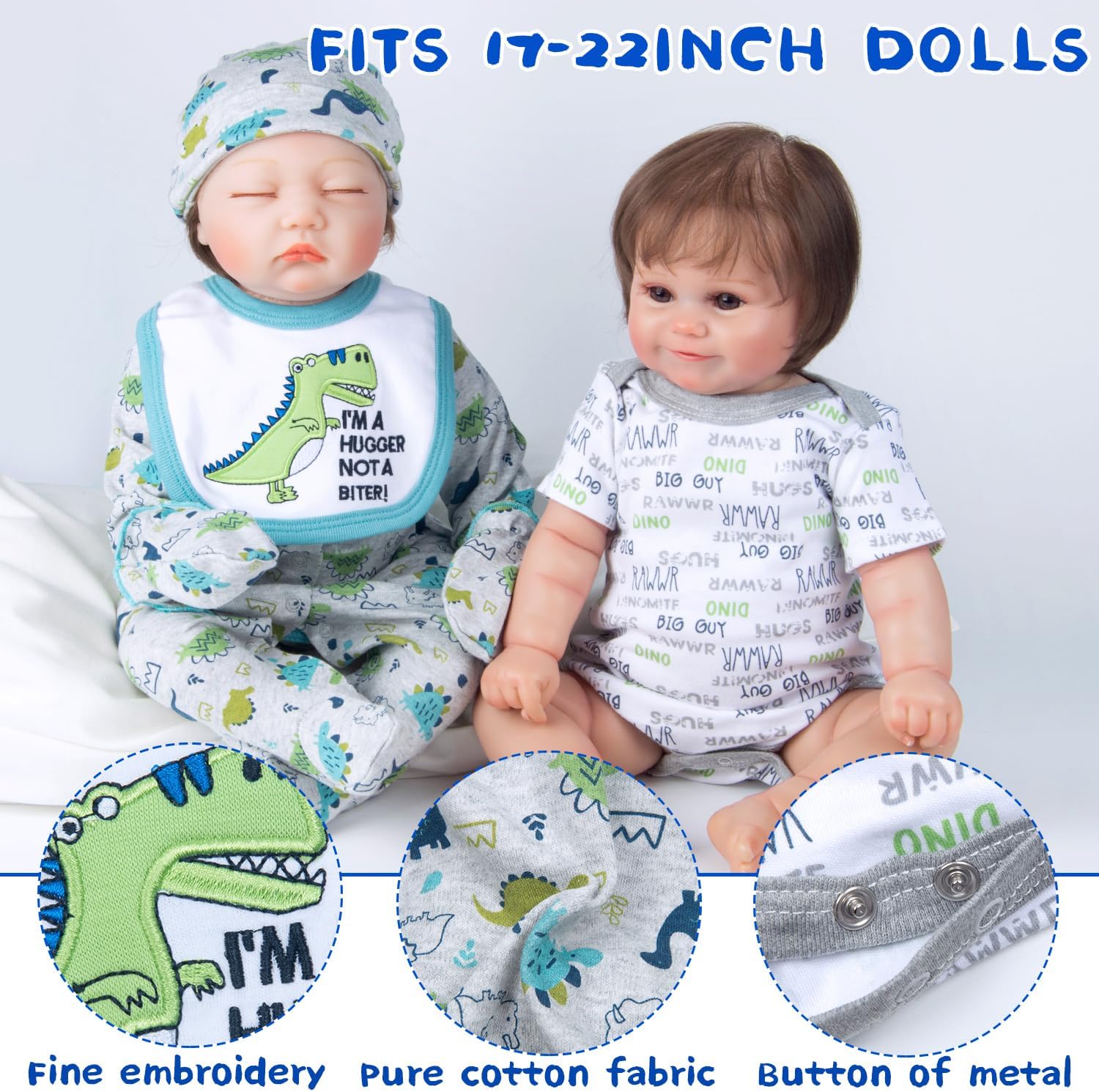 Pedolltree 12 Pcs Blue Dinosaur Reborn Baby Doll Clothes Set