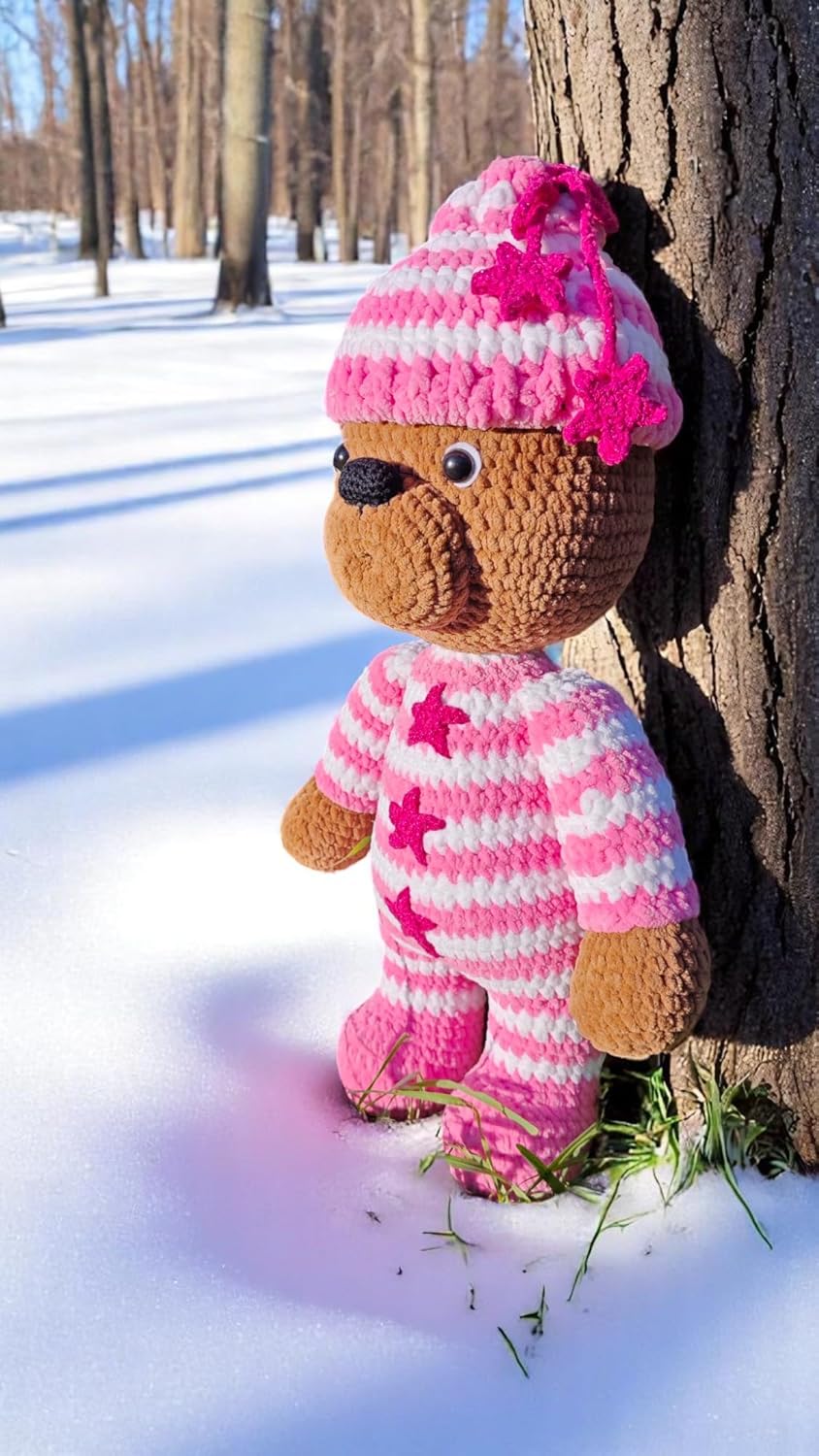 Handmade Crochet Teddy Bear Pink Outfit Plush Stuffed Toy