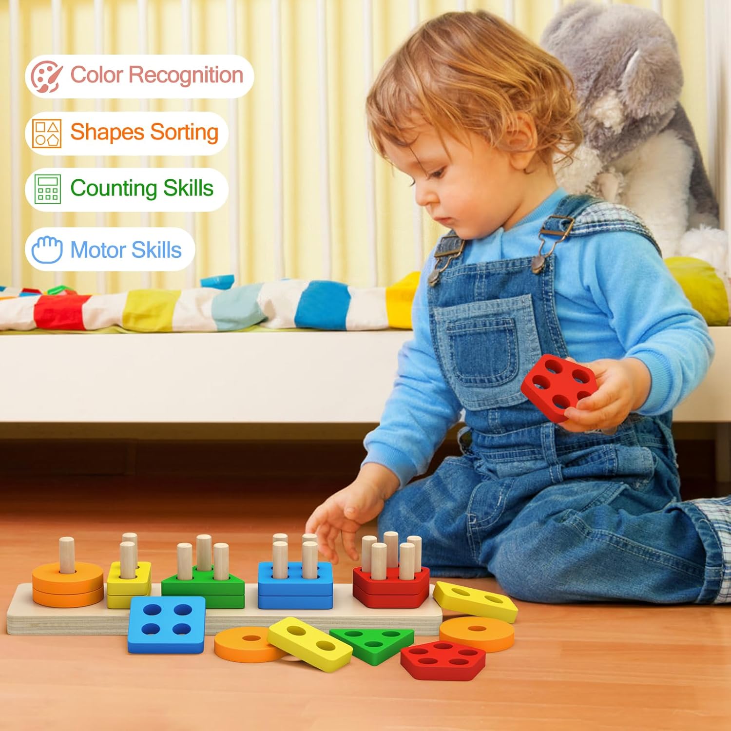 PEBIRA Montessori Wooden Sorting Stacking Toy Set