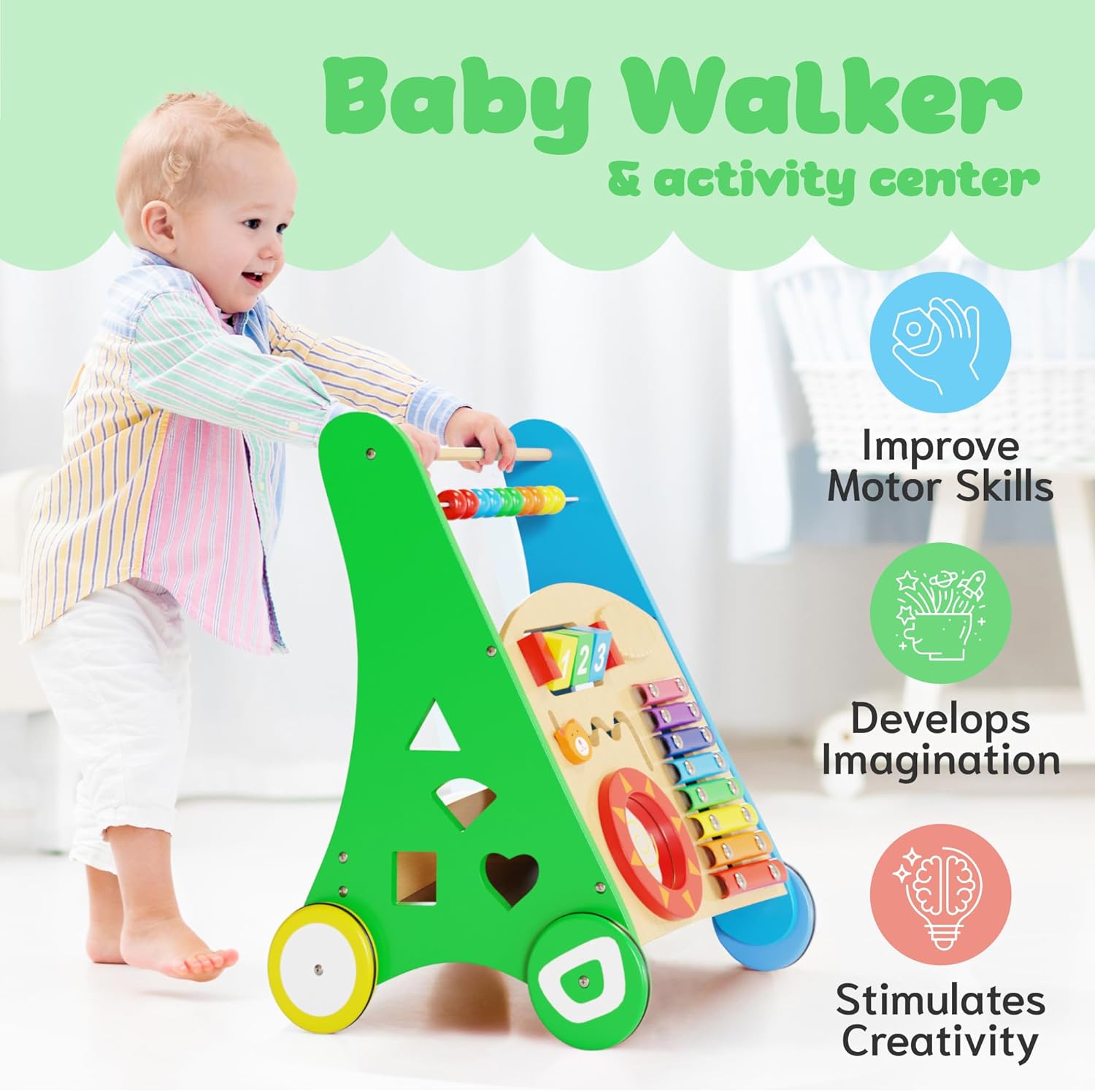 KIDDERY TOYS Wooden Baby Walker with Activity Center