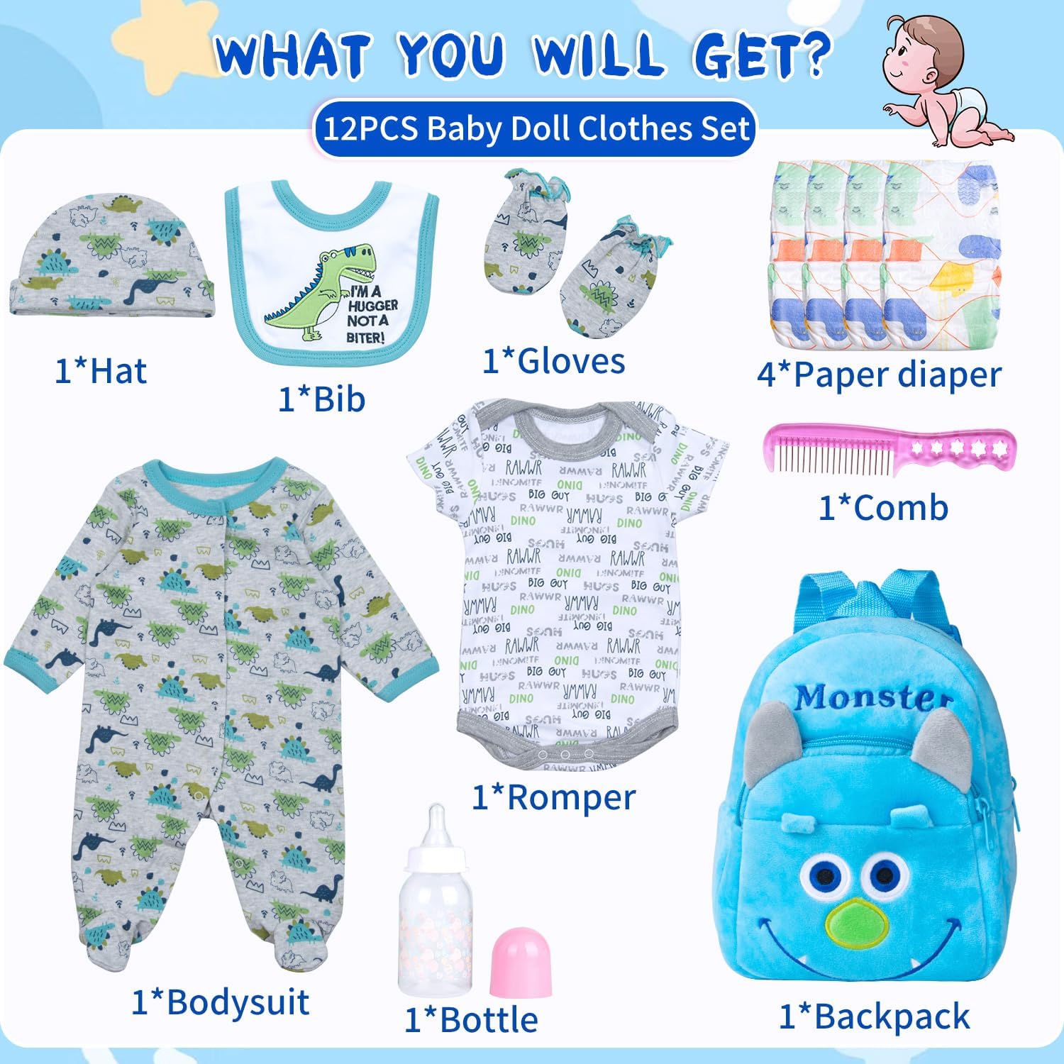 Pedolltree 12 Pcs Blue Dinosaur Reborn Baby Doll Clothes Set