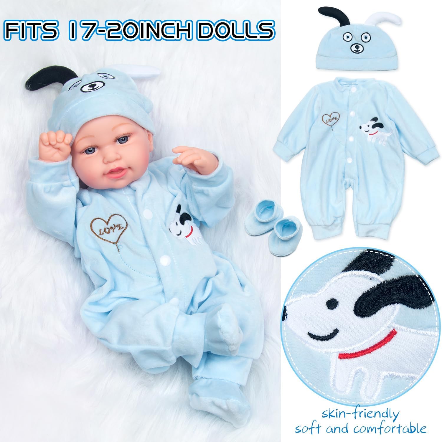 Pedolltree Reborn Baby Doll 9 Pcs Blue Puppy Outfit Set
