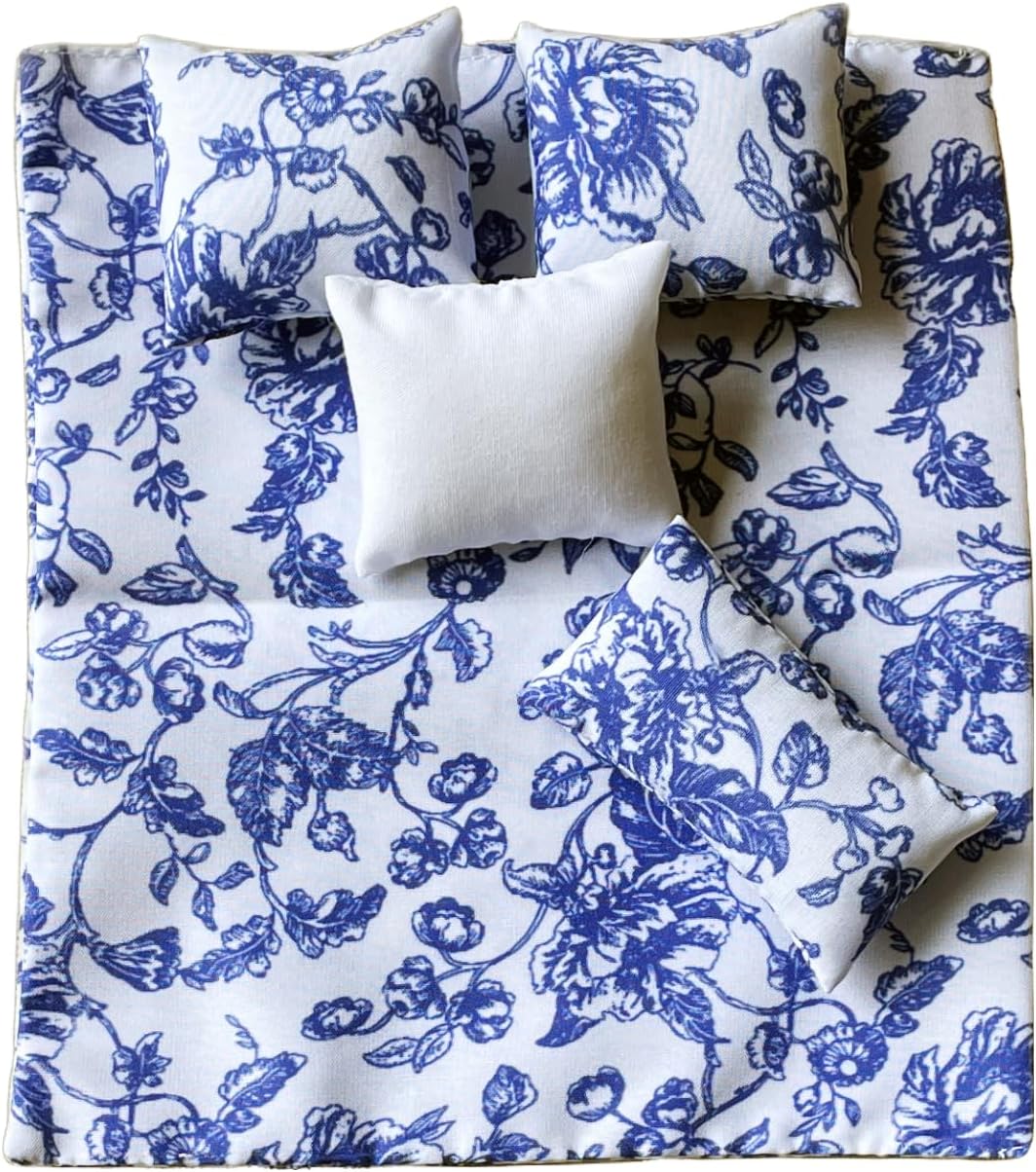 Inusitus Mini Bed Set for 6 Inch Dolls Blue Linen Wooden Frame