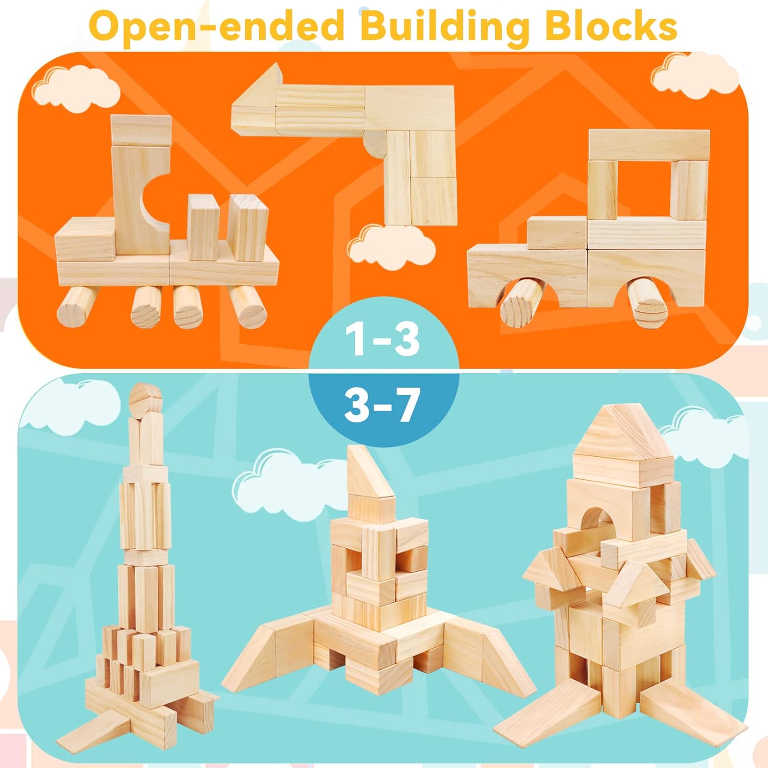 Onshine Large Wooden Blocks for Toddlers 1-3 64 Pieces