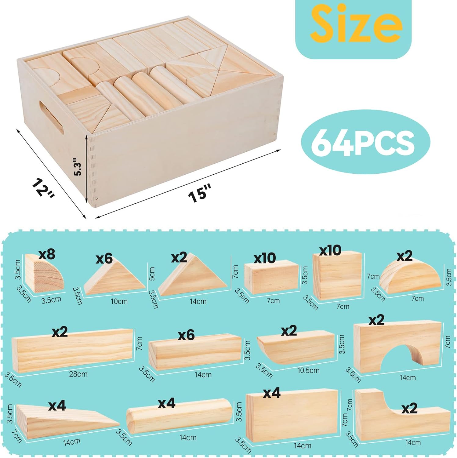 Onshine Large Wooden Blocks for Toddlers 1-3 64 Pieces