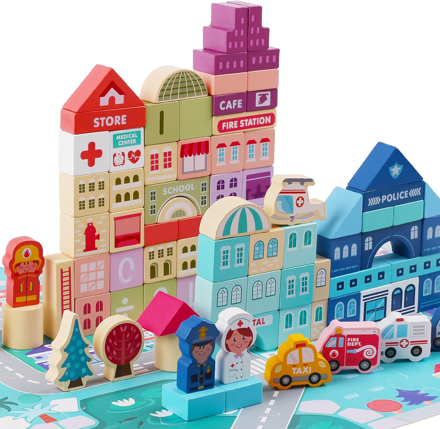 LENNYSTONE Wooden Blocks Set 120pcs City Construction Toy