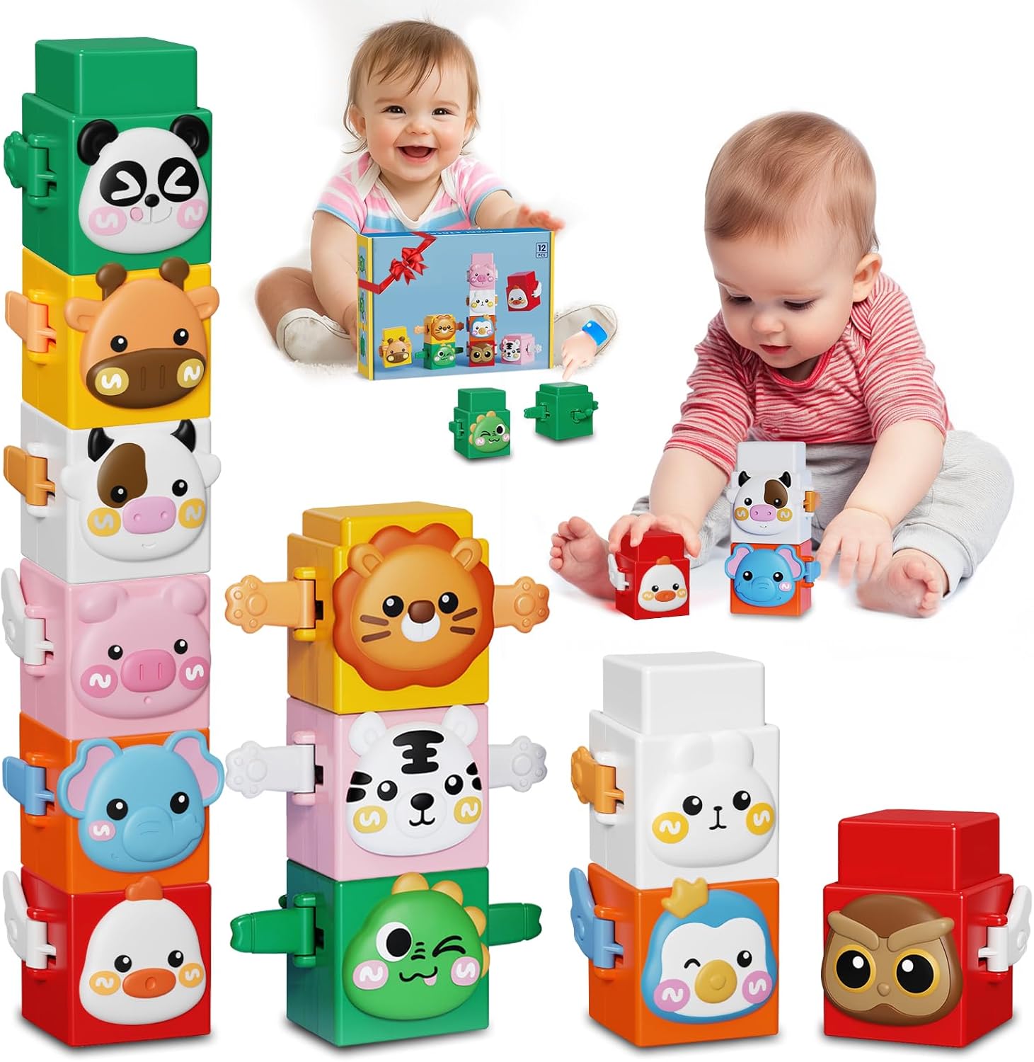 BLNOS 12 PCS Pressable Animal Stacking Blocks