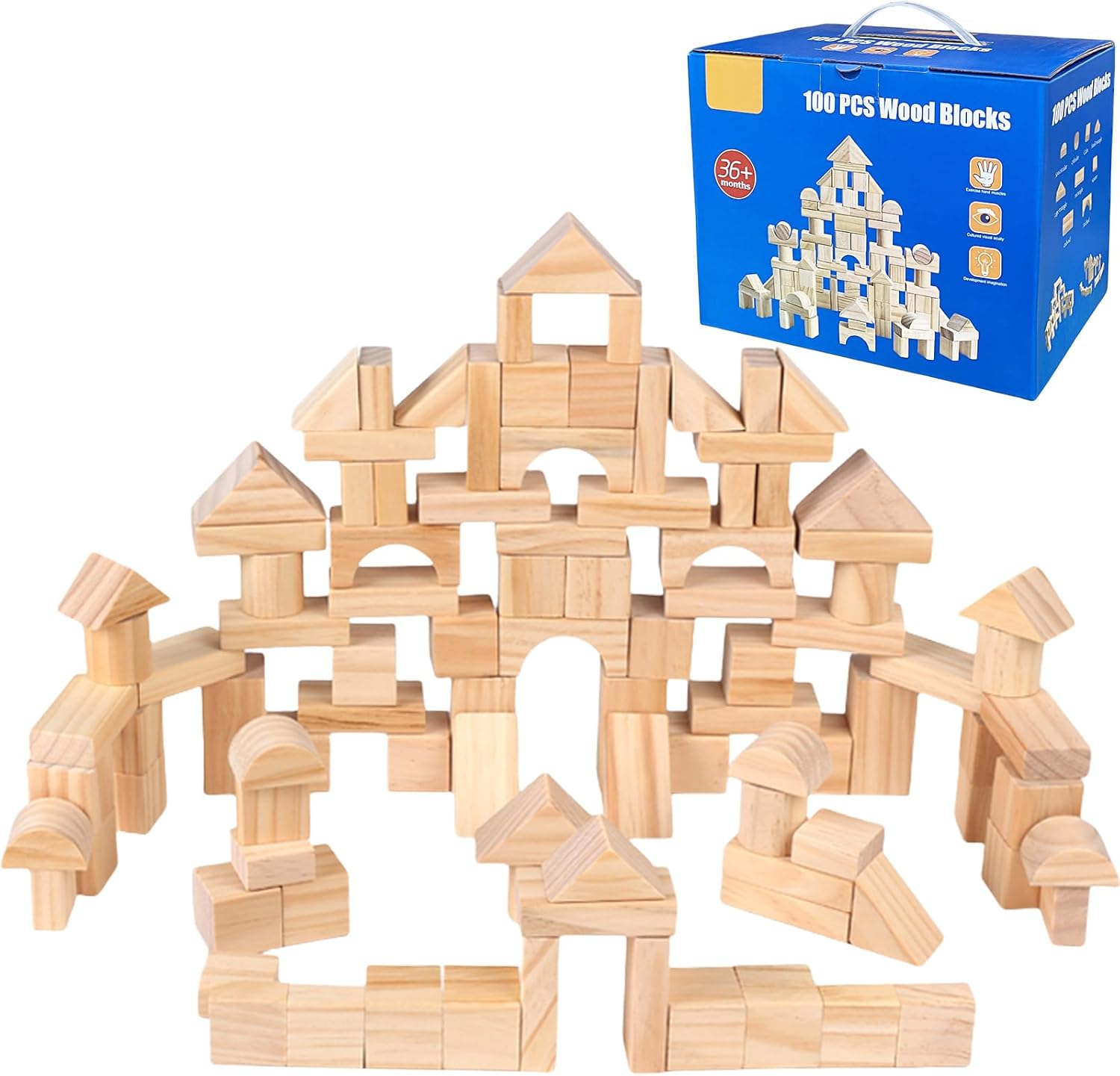 AryiHitt 100 Pcs Kids Natural Wood Building Blocks