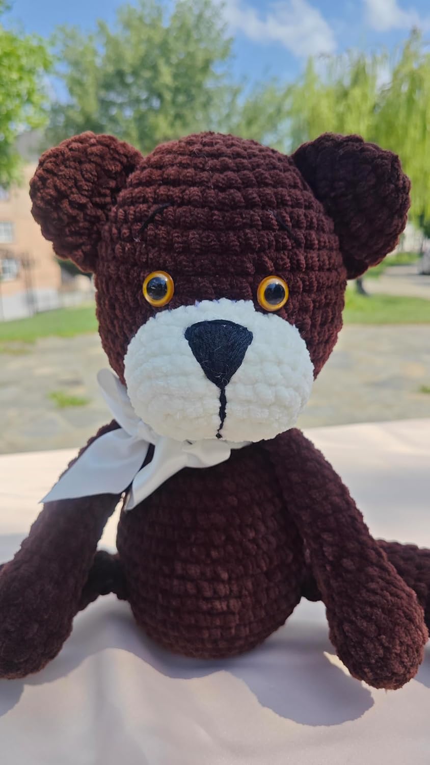 Dark Brown Crochet Teddy Bear with White Bow
