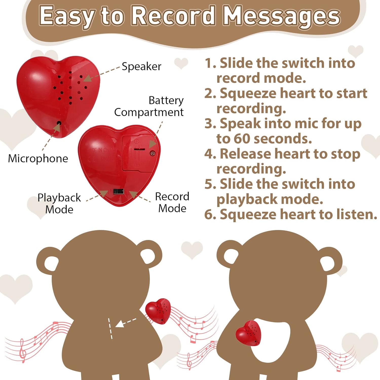 Hungdao Plush Bear with 60-Second Heart Voice Recorder