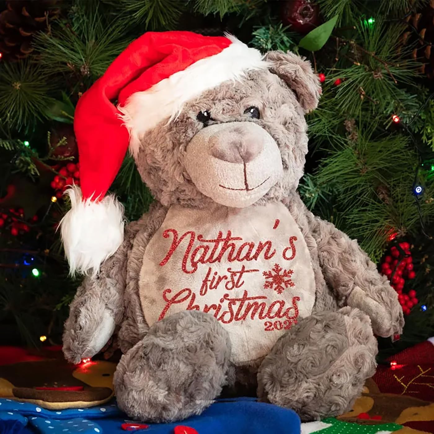 Personalized Baby Christmas Teddy Bear with Santa Hat and Reindeer Plush Toy