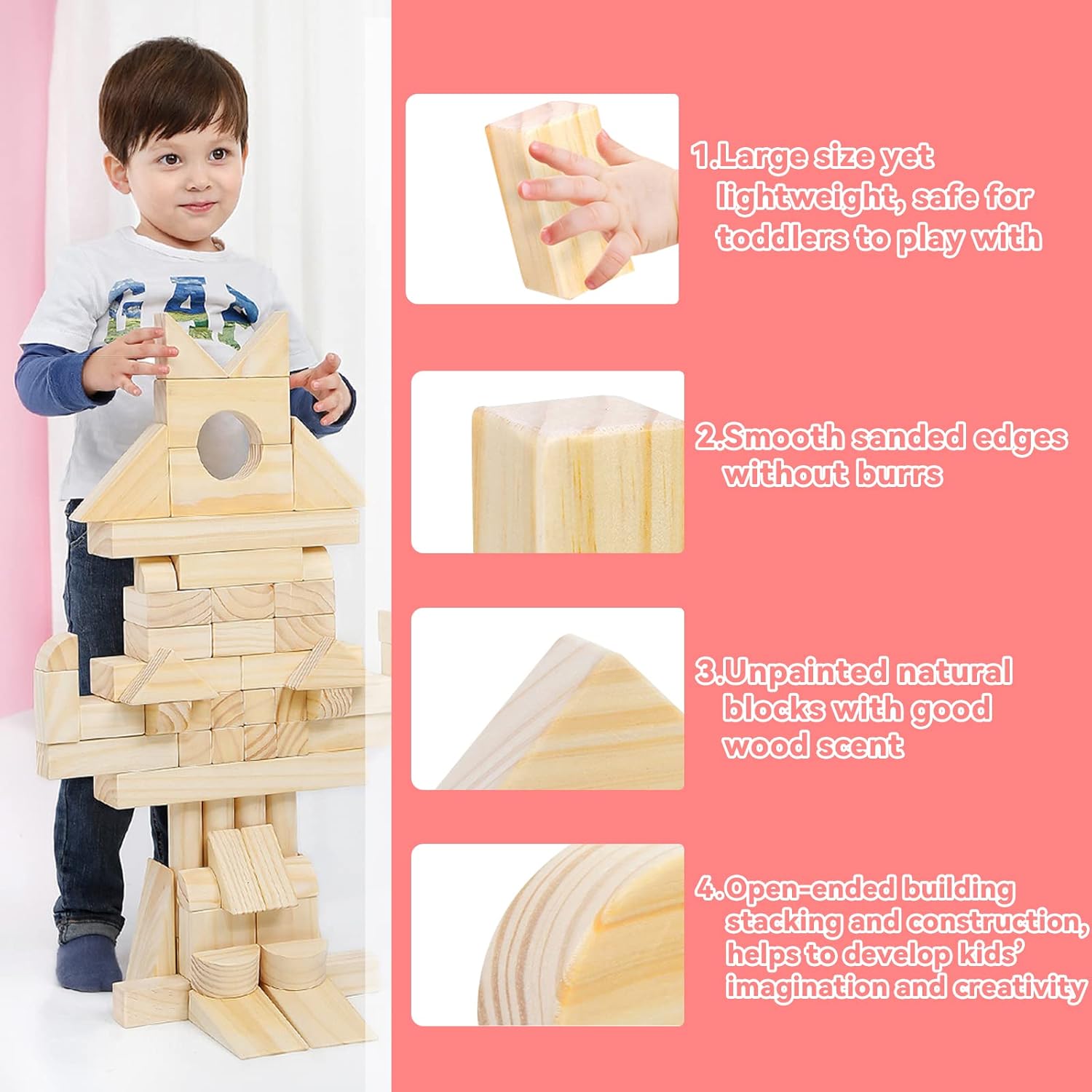 Onshine Large Wooden Blocks for Toddlers 1-3 64 Pieces