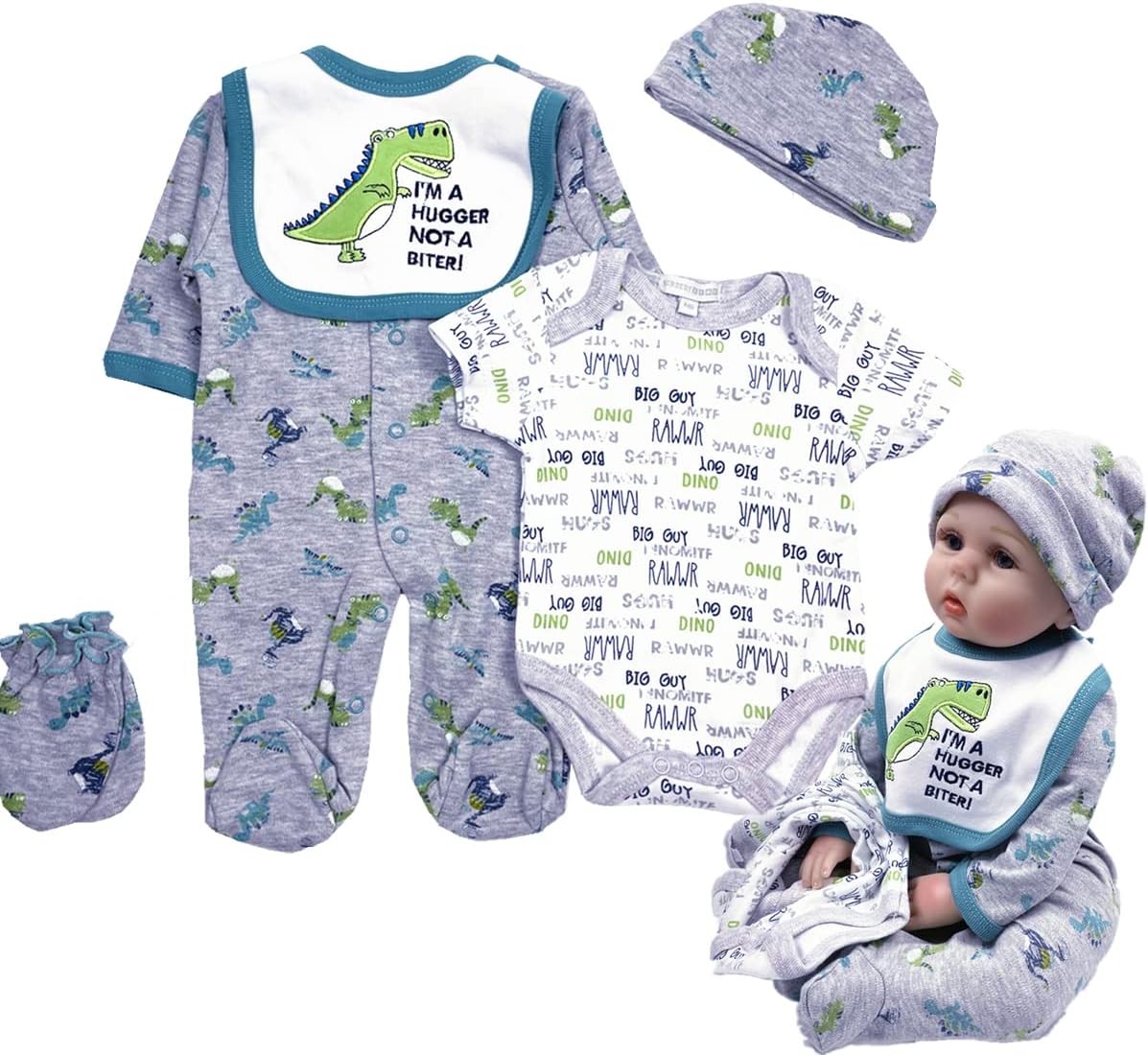 Pedolltree Reborn Baby Doll 22 Inch Dinosaur Outfit 5pcs Set
