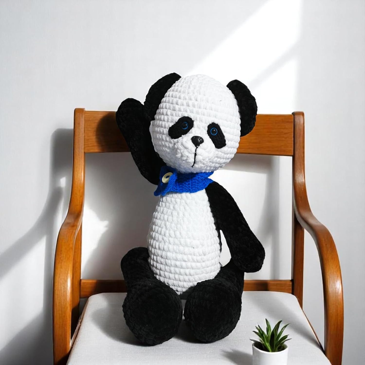 Handmade Crochet Panda Bear with Blue Scarf