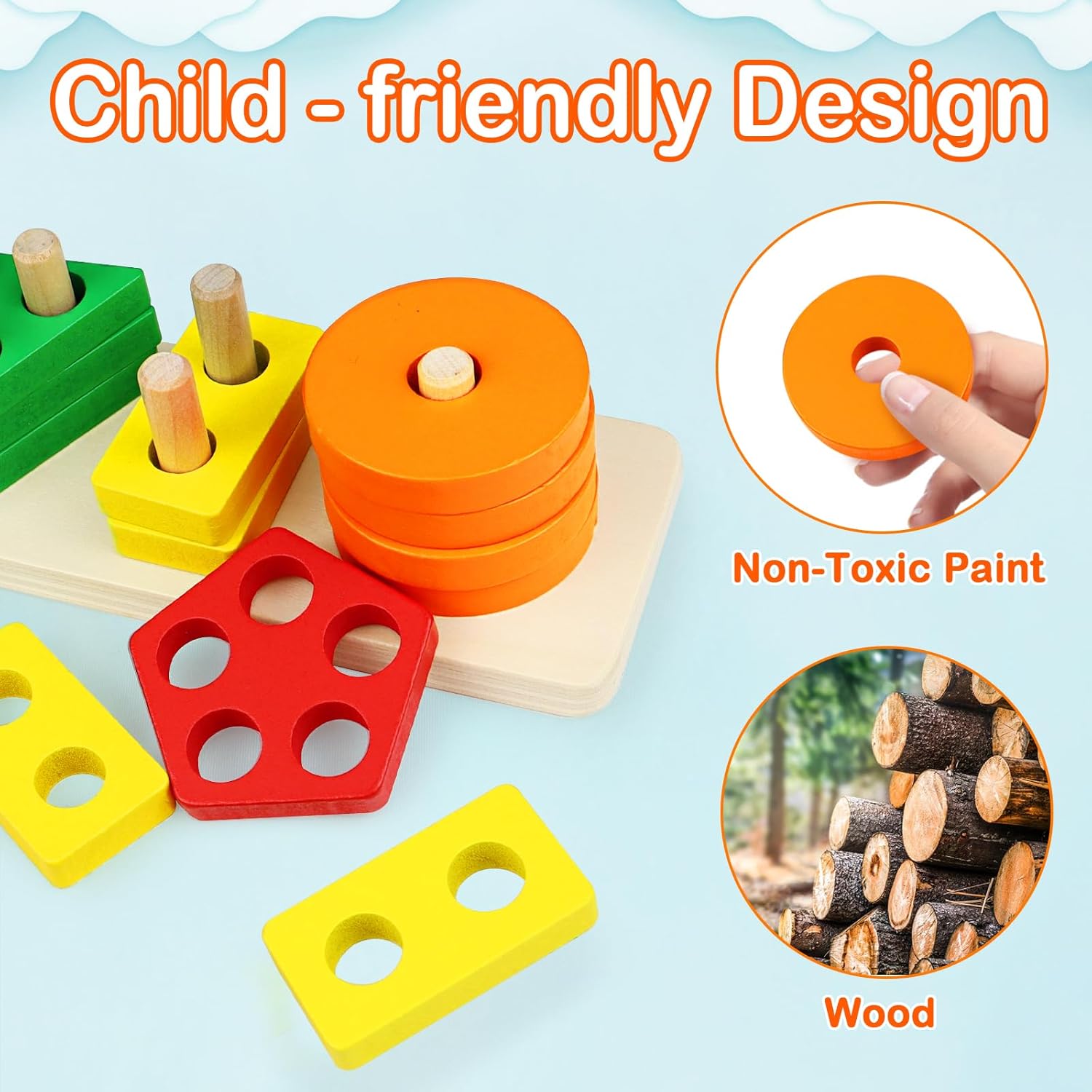 PEBIRA Montessori Wooden Sorting Stacking Toy Set