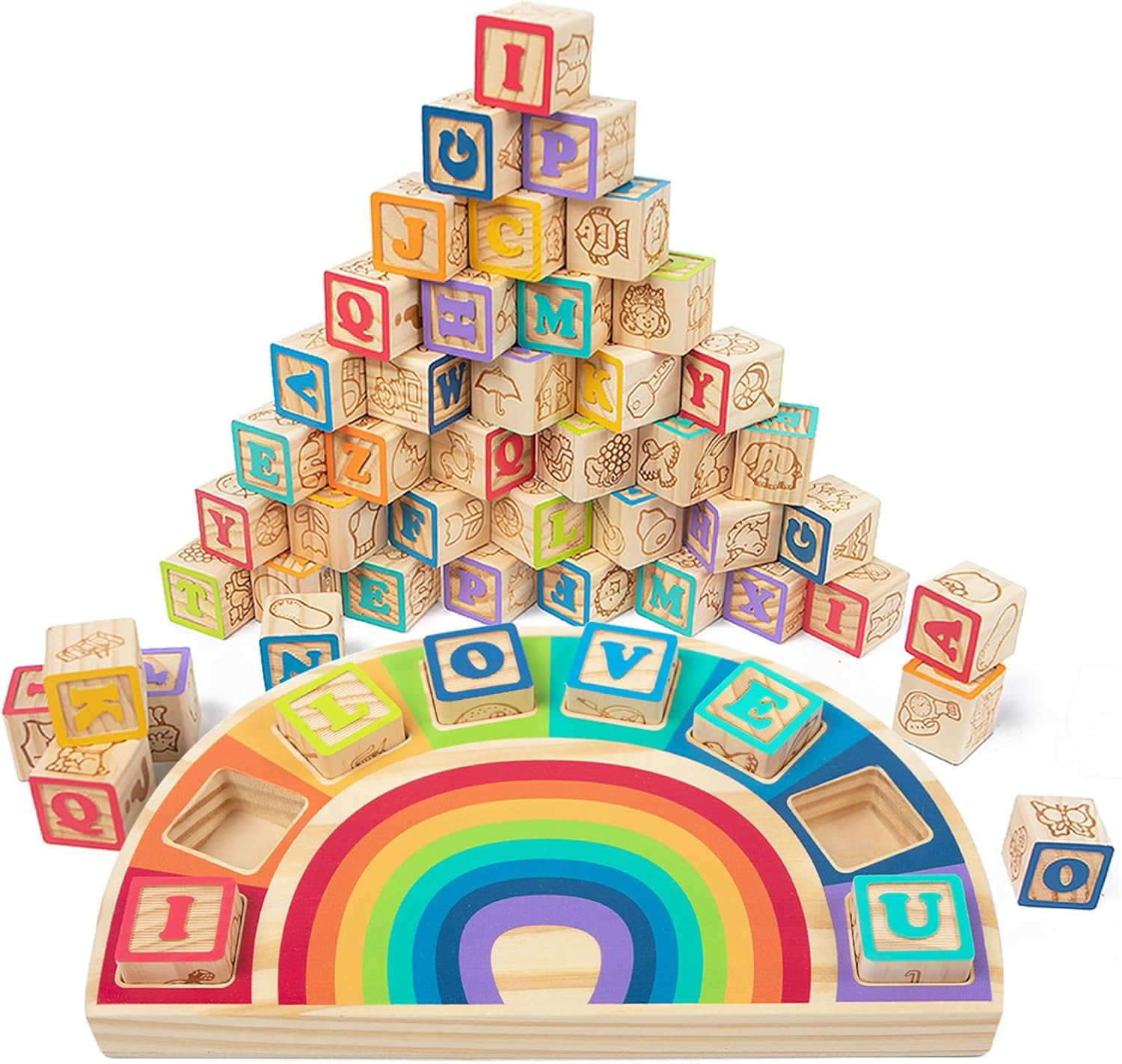 GIRAVO Rainbow ABC Wooden Stacking Blocks 26 Pcs