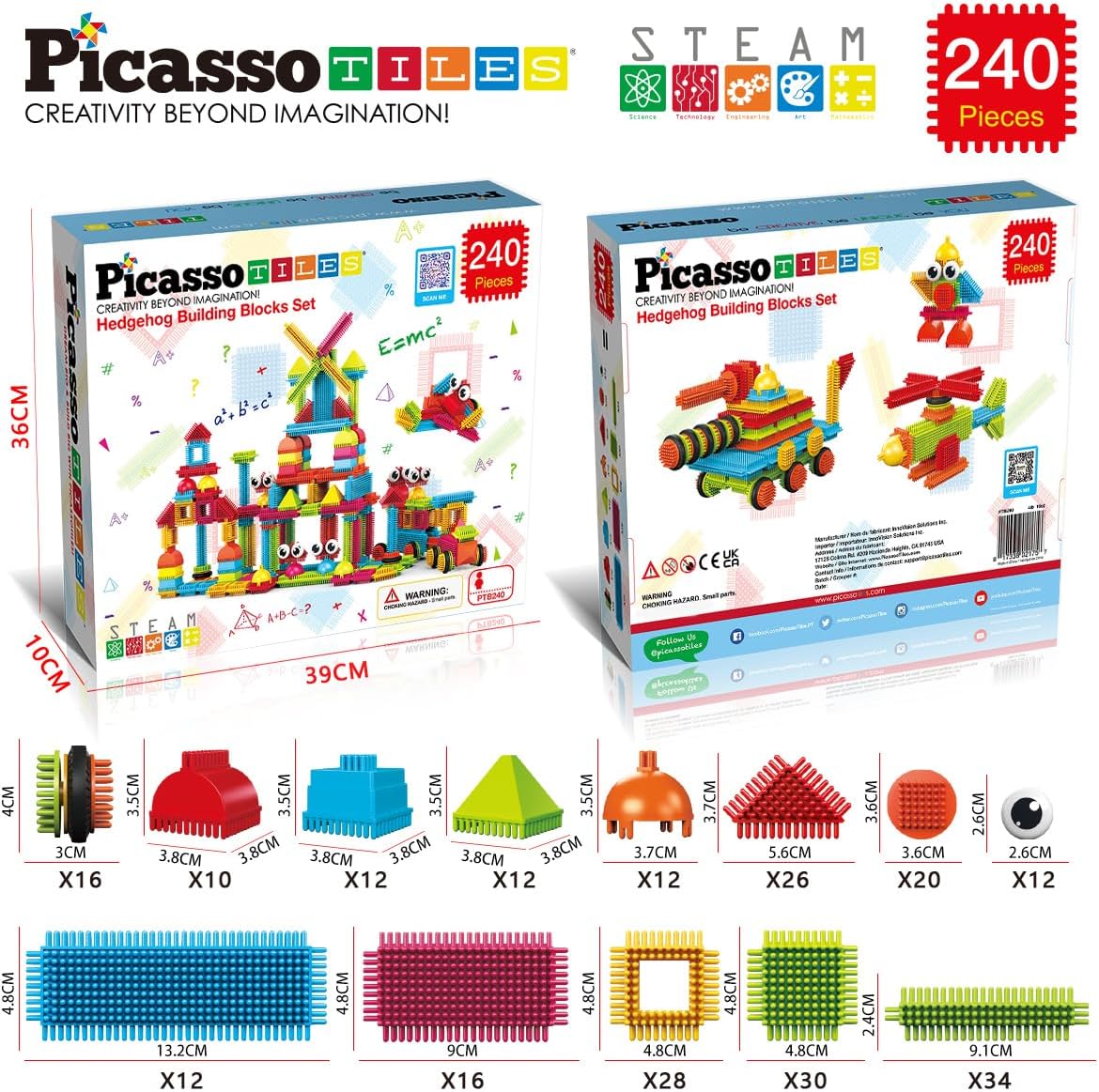 PicassoTiles 240pcs Hedgehog Building Blocks 3D Interlocking Set