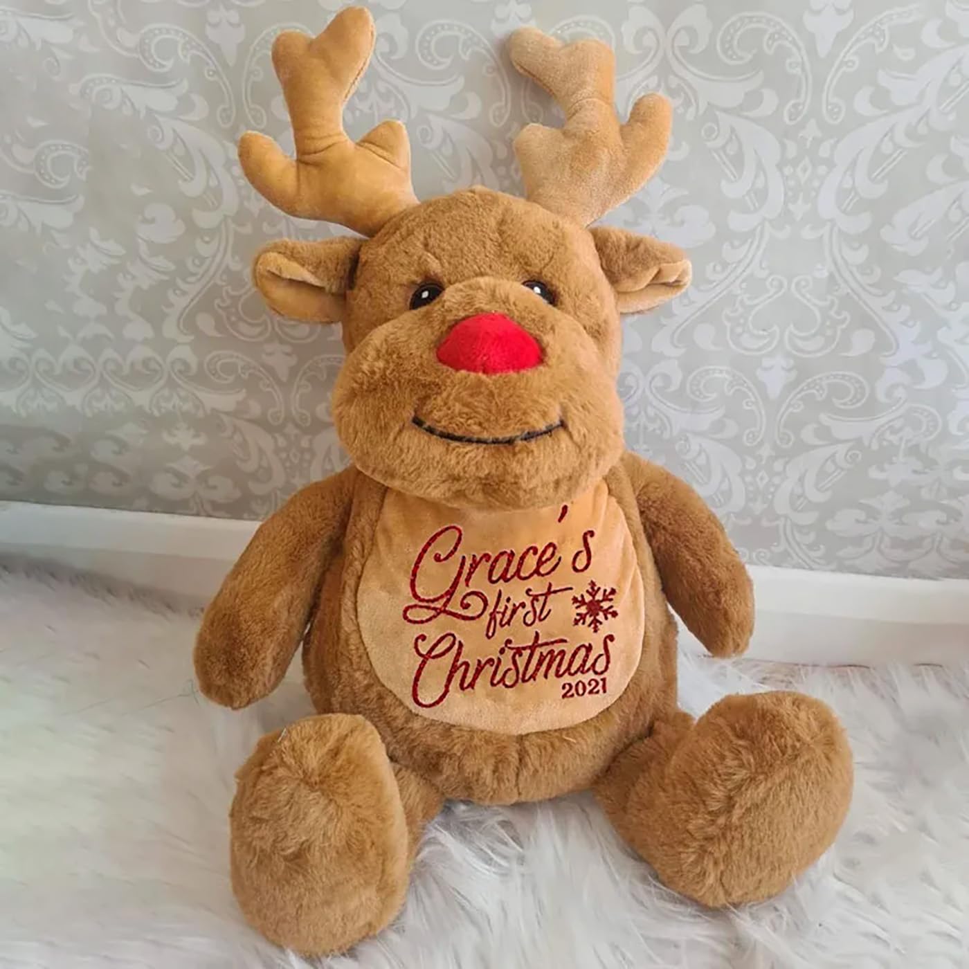 Personalized Baby Christmas Teddy Bear with Santa Hat and Reindeer Plush Toy