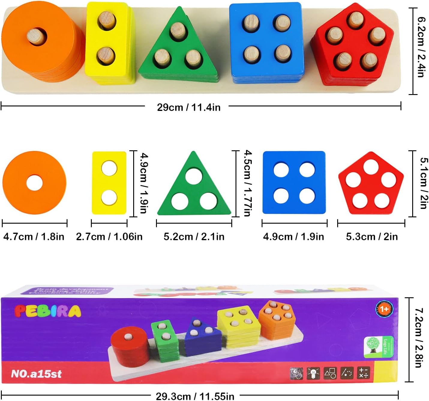PEBIRA Montessori Wooden Sorting Stacking Toy Set