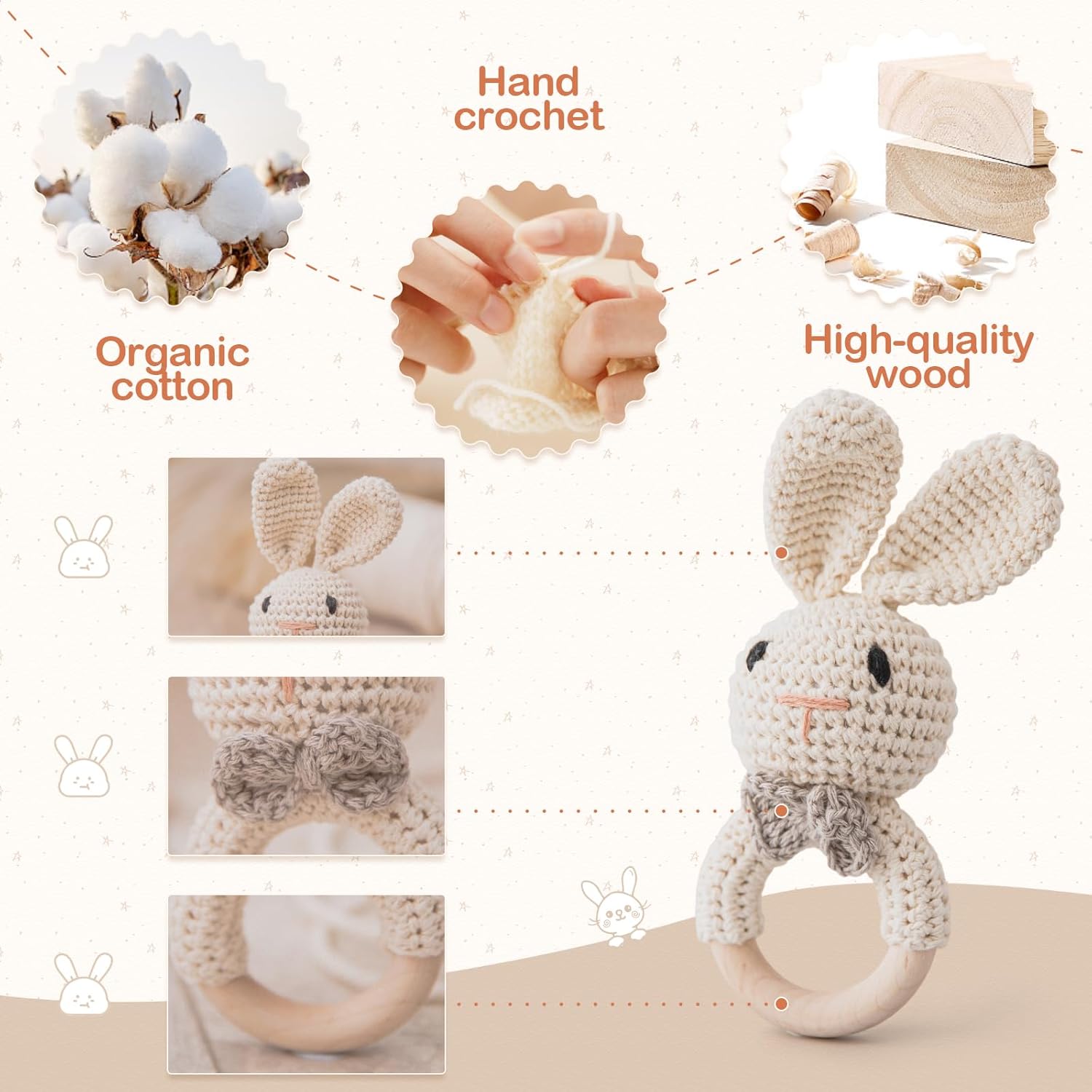 Handmade Crochet Easter Bunny Baby Rattle Toy for 0-6 Months