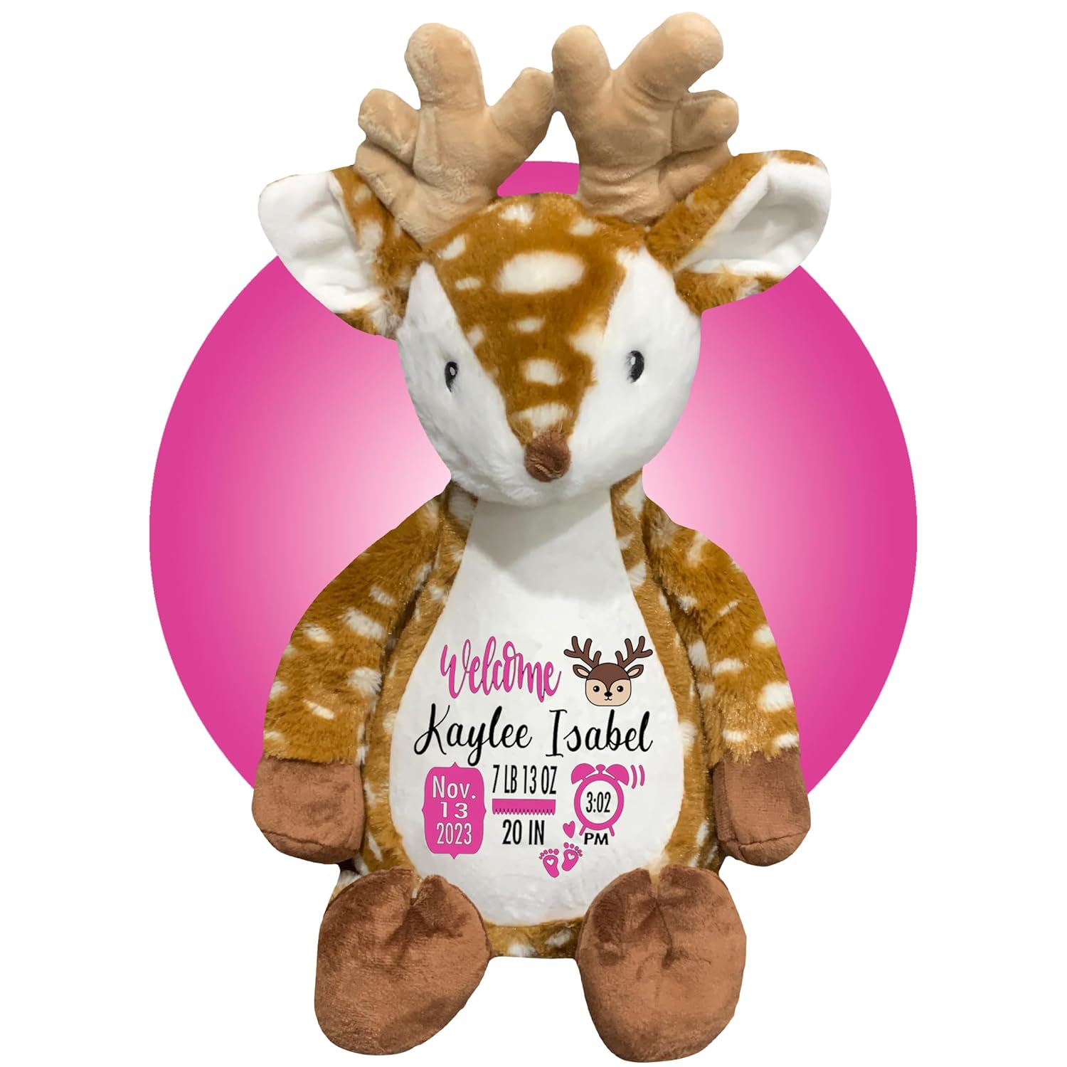 Kikilishop Birth Stat Reindeer Plush - Washable Keepsake