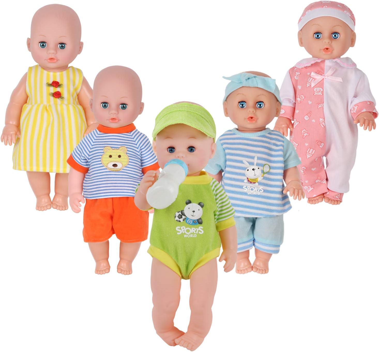 Young Buds 5 Piece Baby Doll Clothing Set with Feeding Bottle