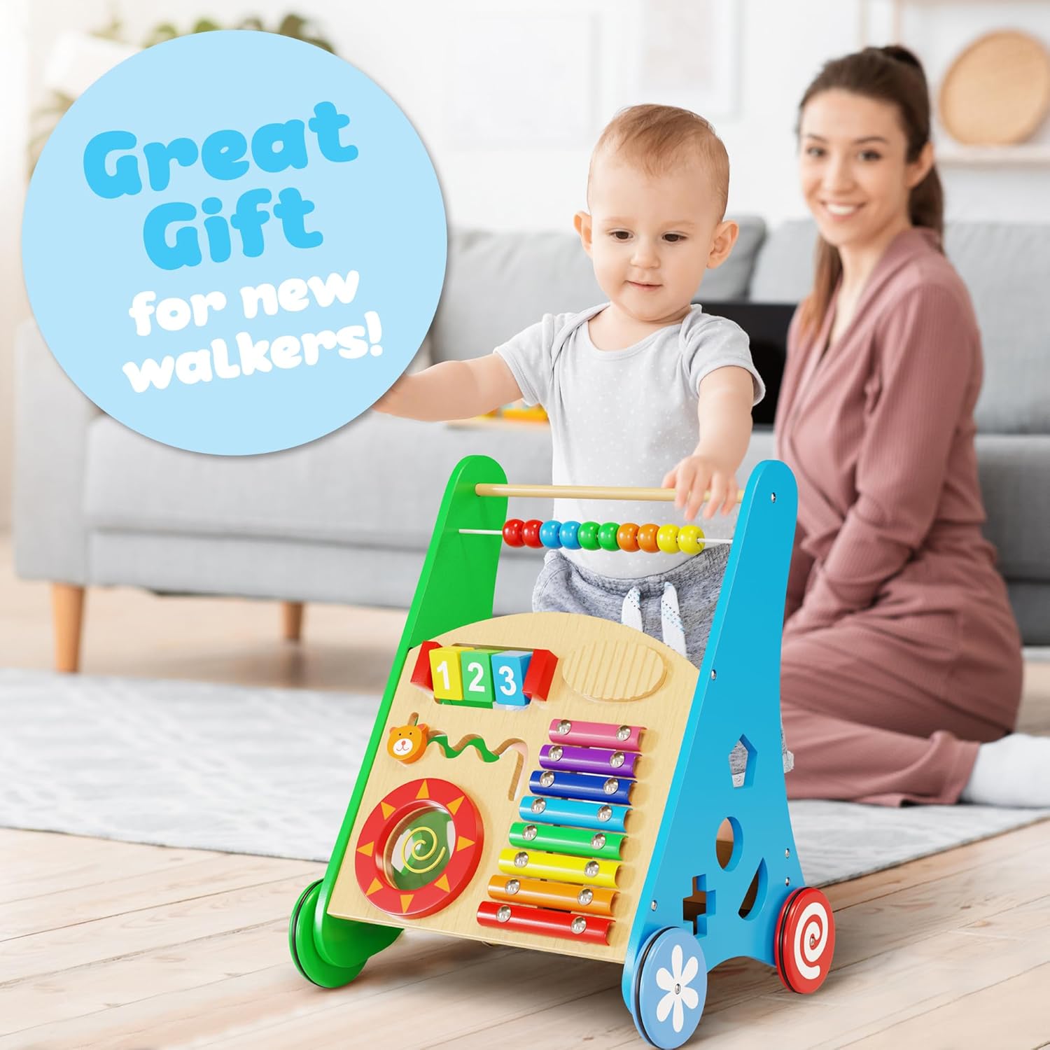 KIDDERY TOYS Wooden Baby Walker with Activity Center