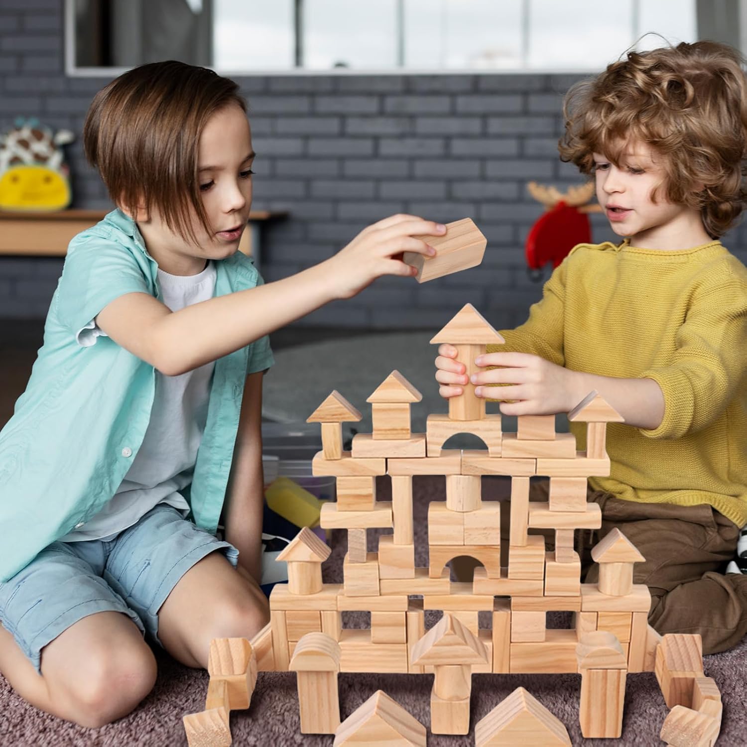 AryiHitt 100 Pcs Kids Natural Wood Building Blocks