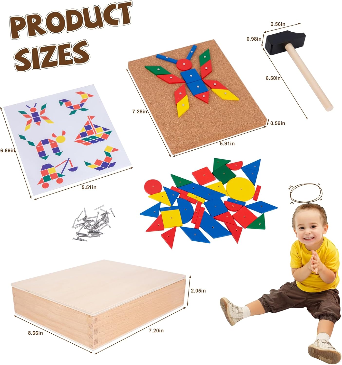 Adena Montessori Wooden Hammer and Nail Pegboard Puzzle
