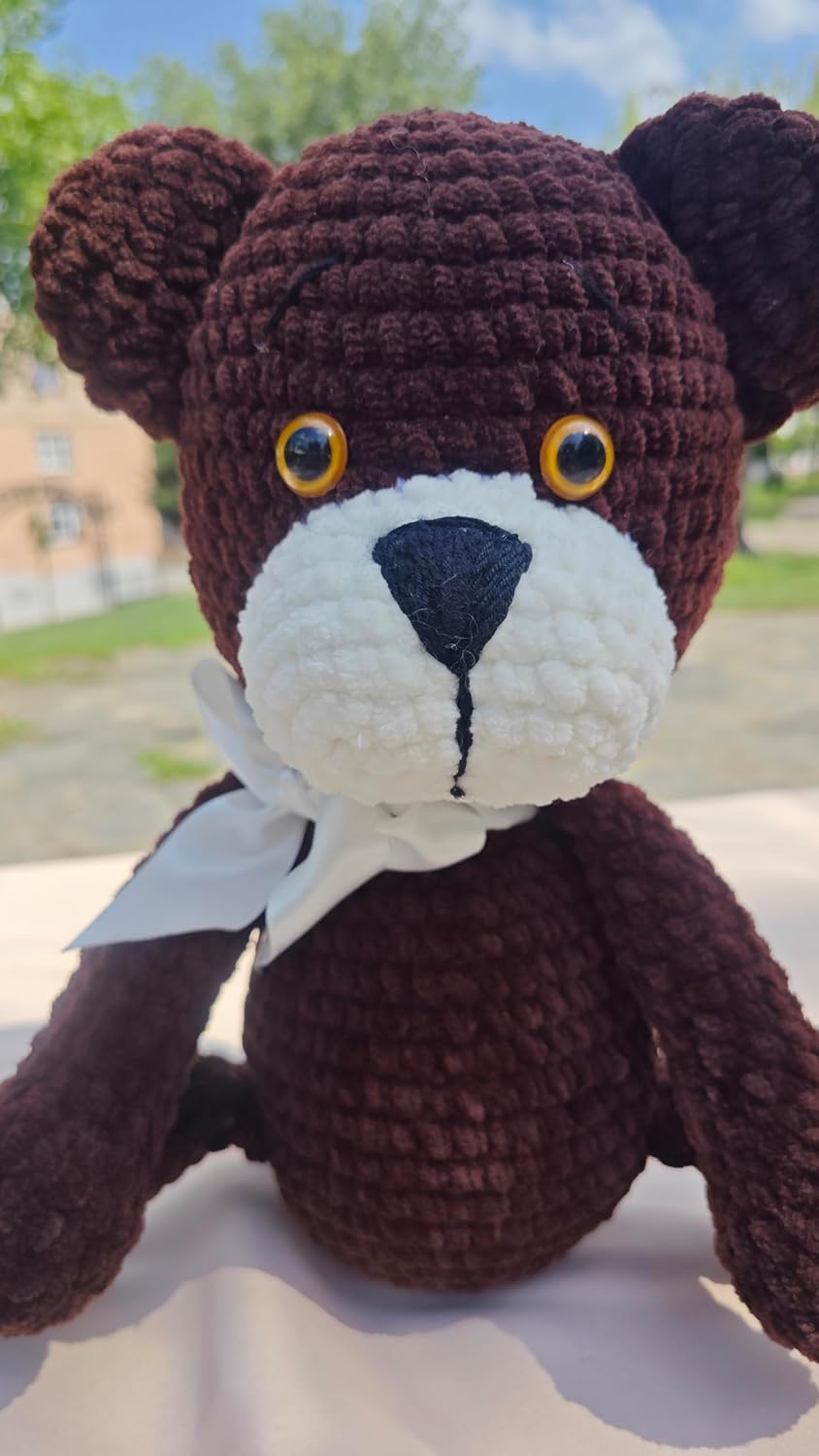 Dark Brown Crochet Teddy Bear with White Bow