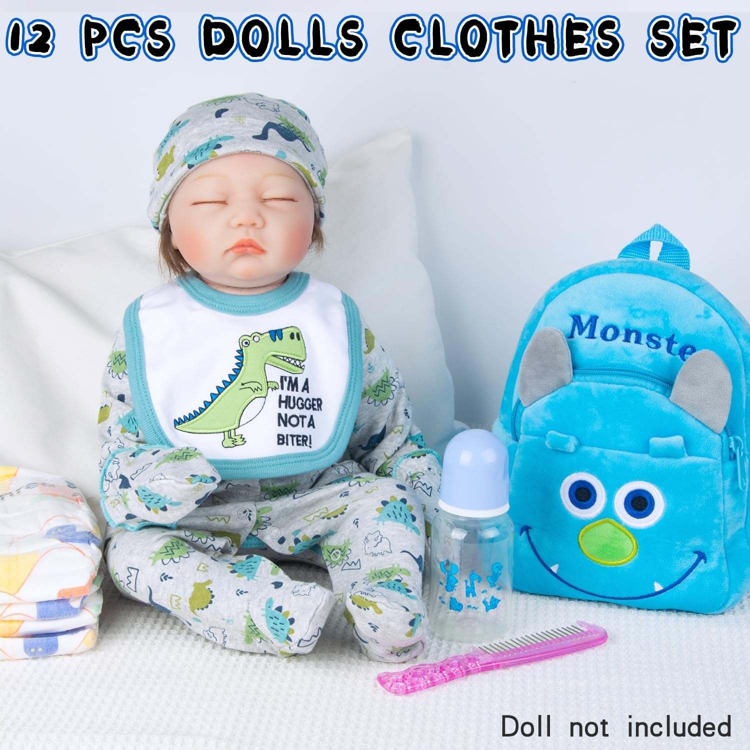 Pedolltree 12 Pcs Blue Dinosaur Reborn Baby Doll Clothes Set
