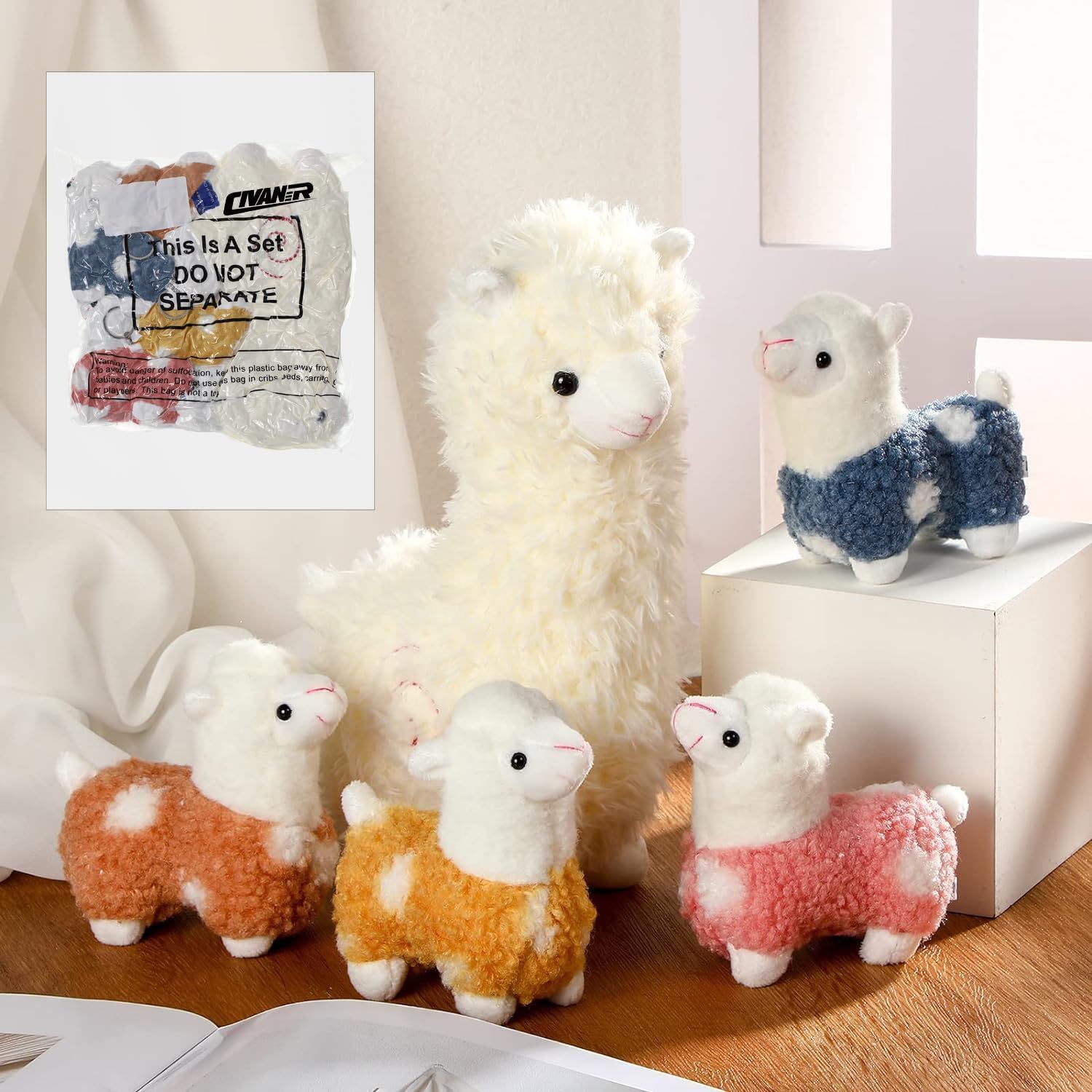 Civaner Llama Plush Set with 4 Baby Llamas Soft Kawaii Stuffed Animal Gift