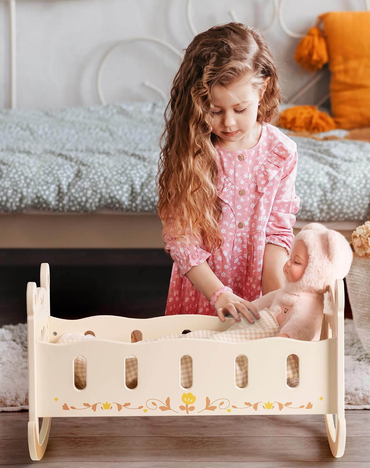 ROBOTIME Bear Doll Crib with Bedding 1