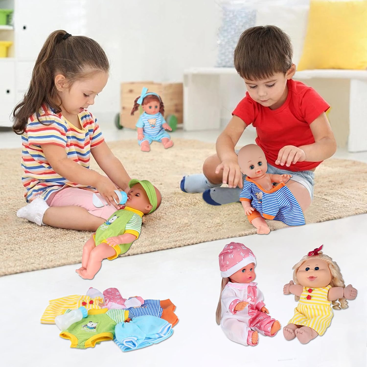 Young Buds 5 Piece Baby Doll Clothing Set with Feeding Bottle