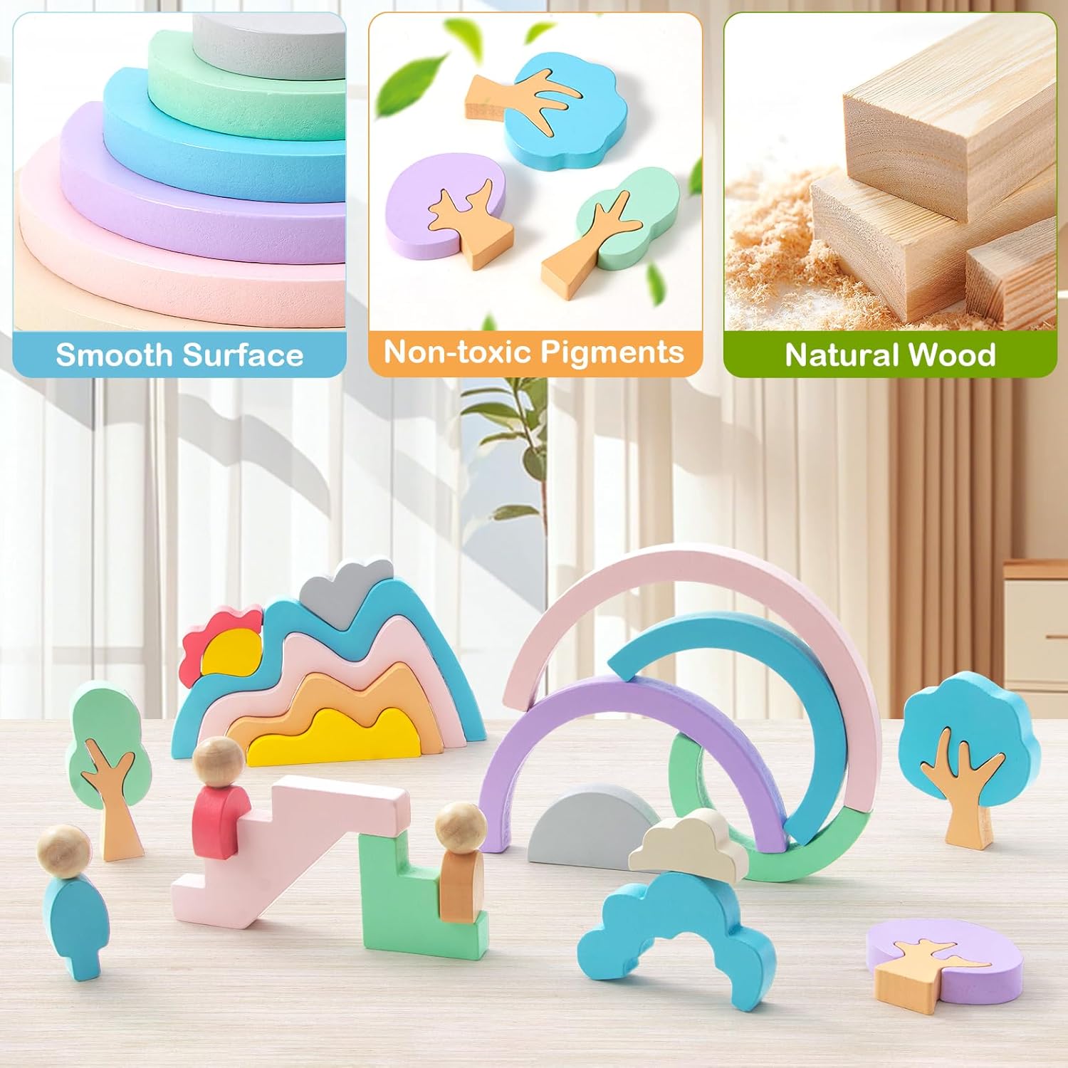 Lewo Wooden Stacking Blocks for Toddlers 46 Pcs