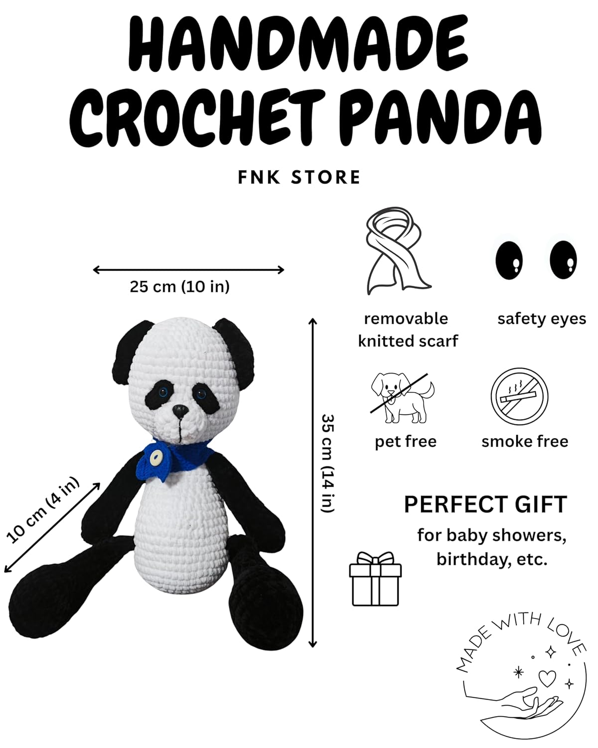 Handmade Crochet Panda Bear with Blue Scarf