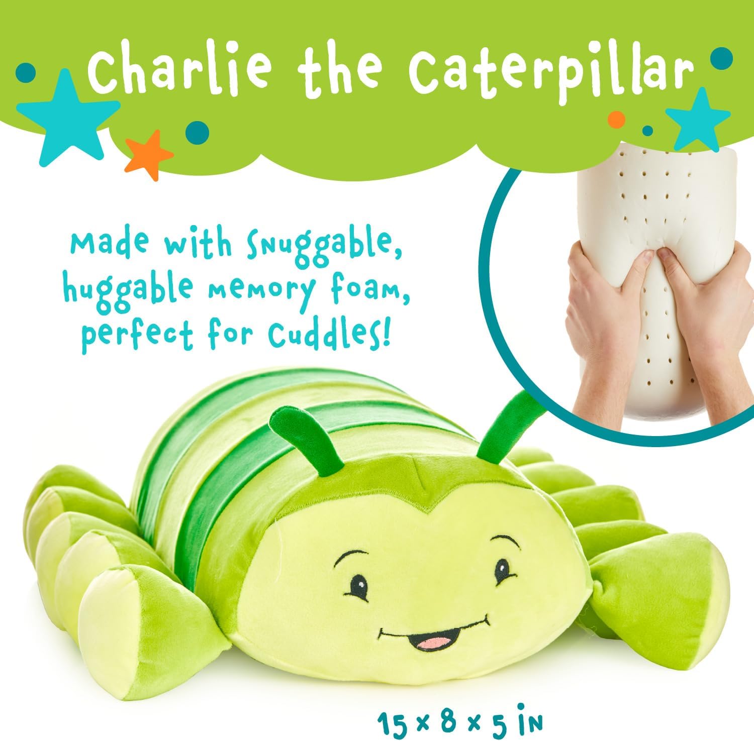Cuddly Memory Foam Pillow Plush with Journal Pocket - Charlie The Caterpillar